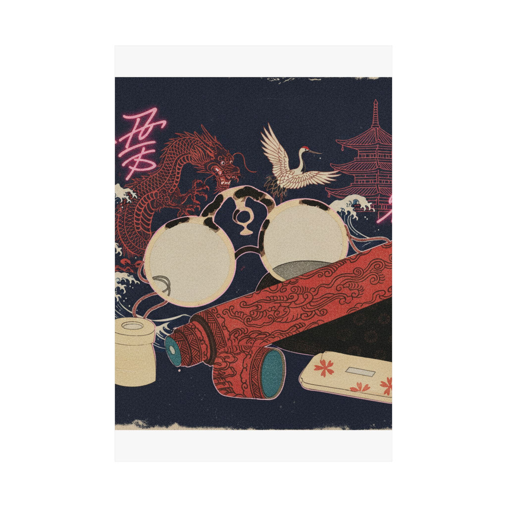 Japanese Street — Spectacles And Telescope With Cases — Matte Poster