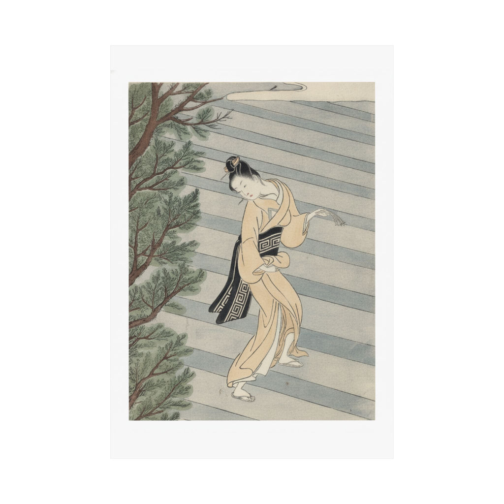 Watercolor — Young Woman Climbing Stone Stairs To A Shinto Temple — Matte Poster