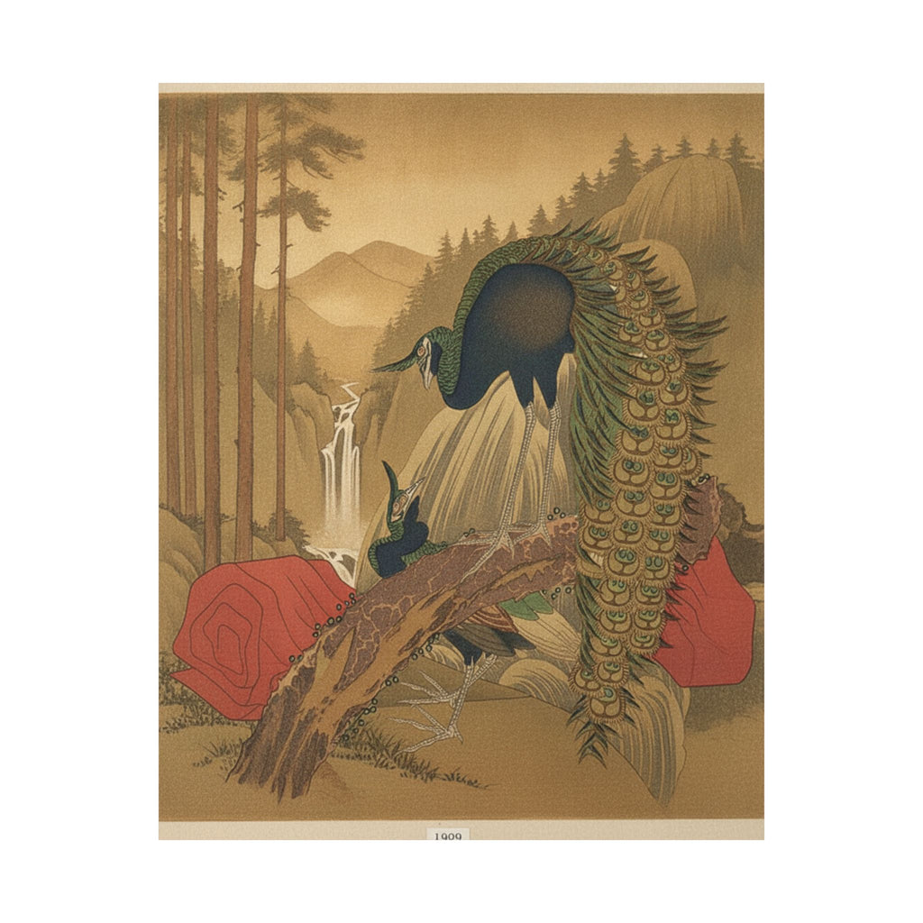 Scenic Nature — Painting Of Peacocks, Pines, A Waterfall, And A Roll Of Red Fabric — Matte Poster
