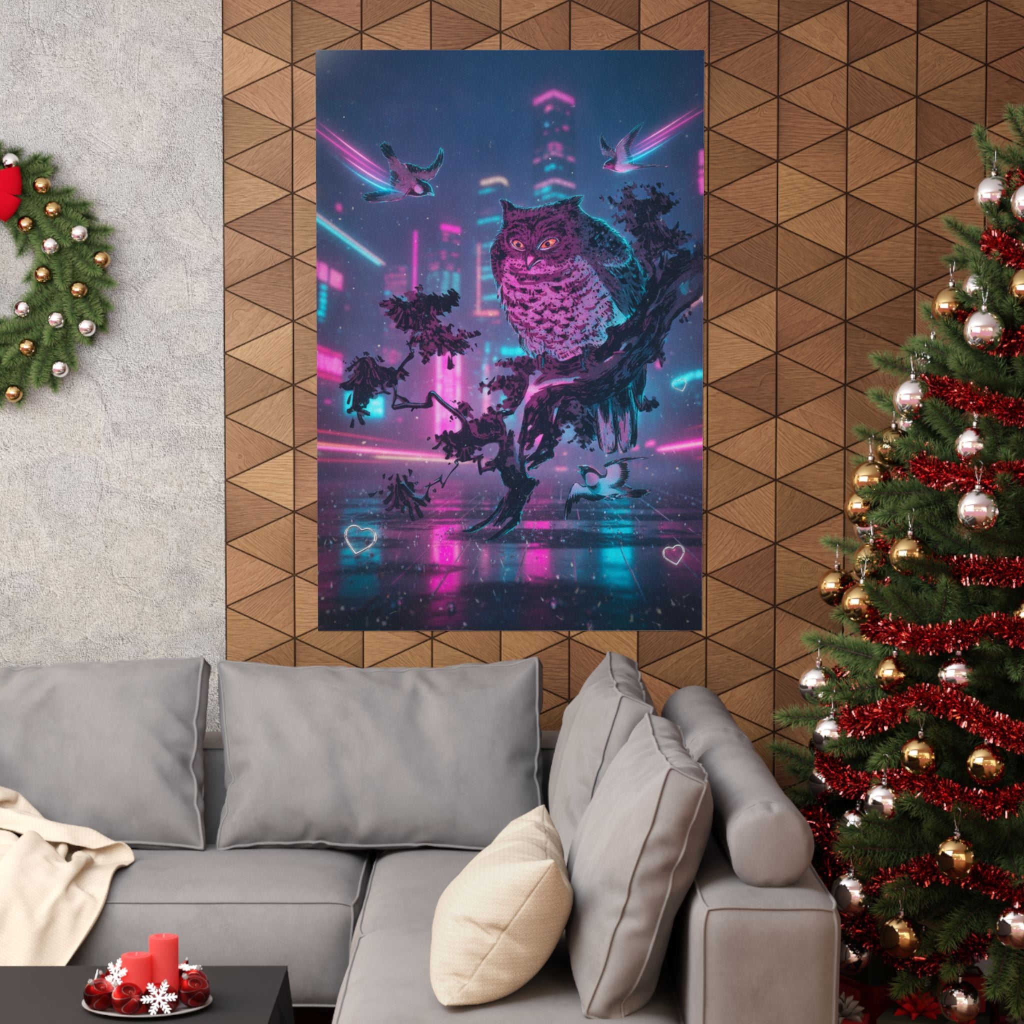 Neon Noir — Owl And Two Swallows — Matte Poster