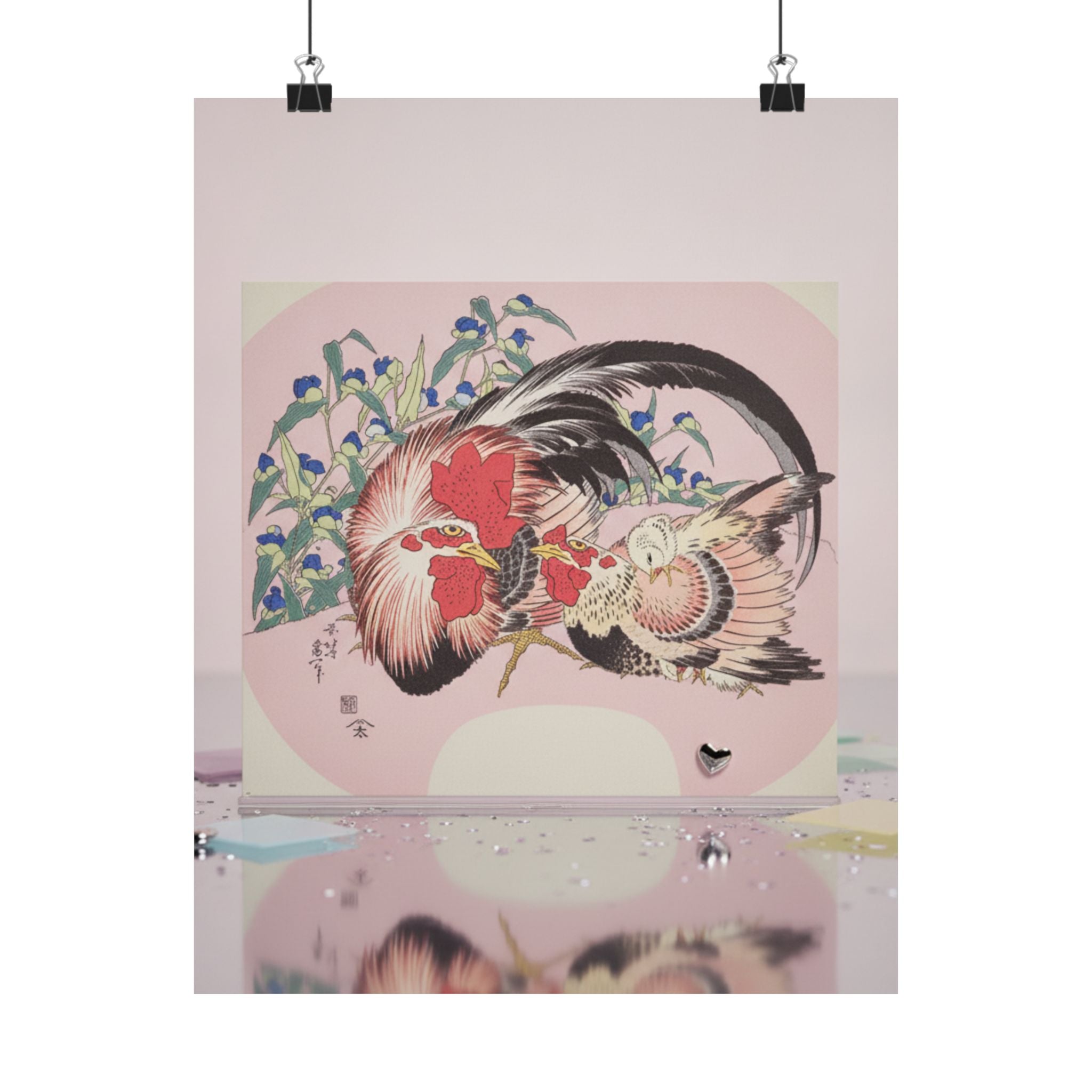 Product Marketing — Rooster, Hen And Chicken With Spiderwort — Matte Poster