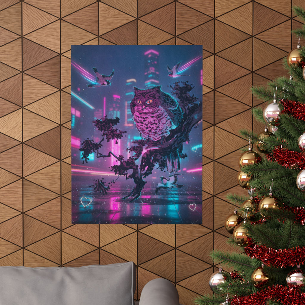 Neon Noir — Owl And Two Swallows — Matte Poster