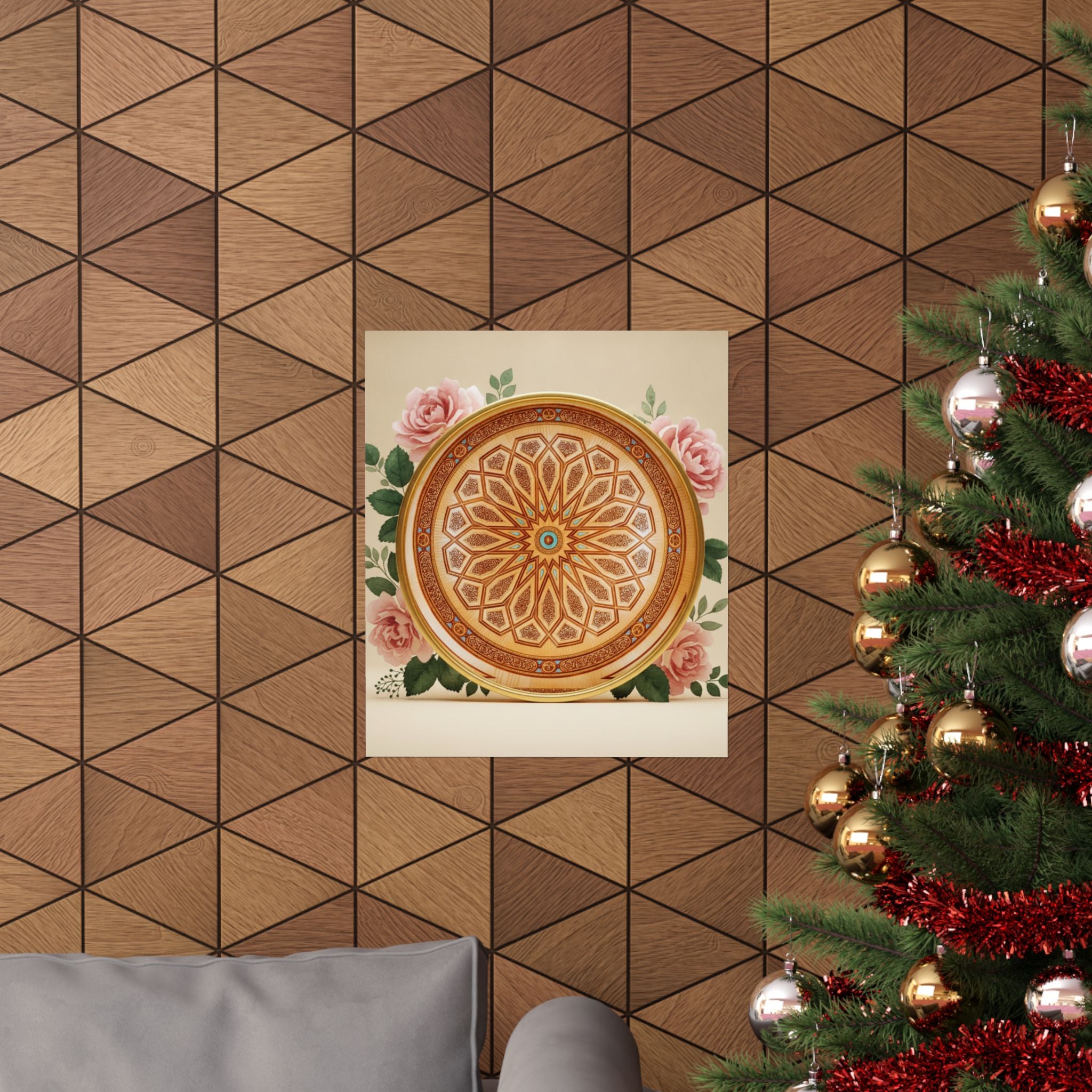 Gilded Moroccan Medallion and Pink Roses Art Poster