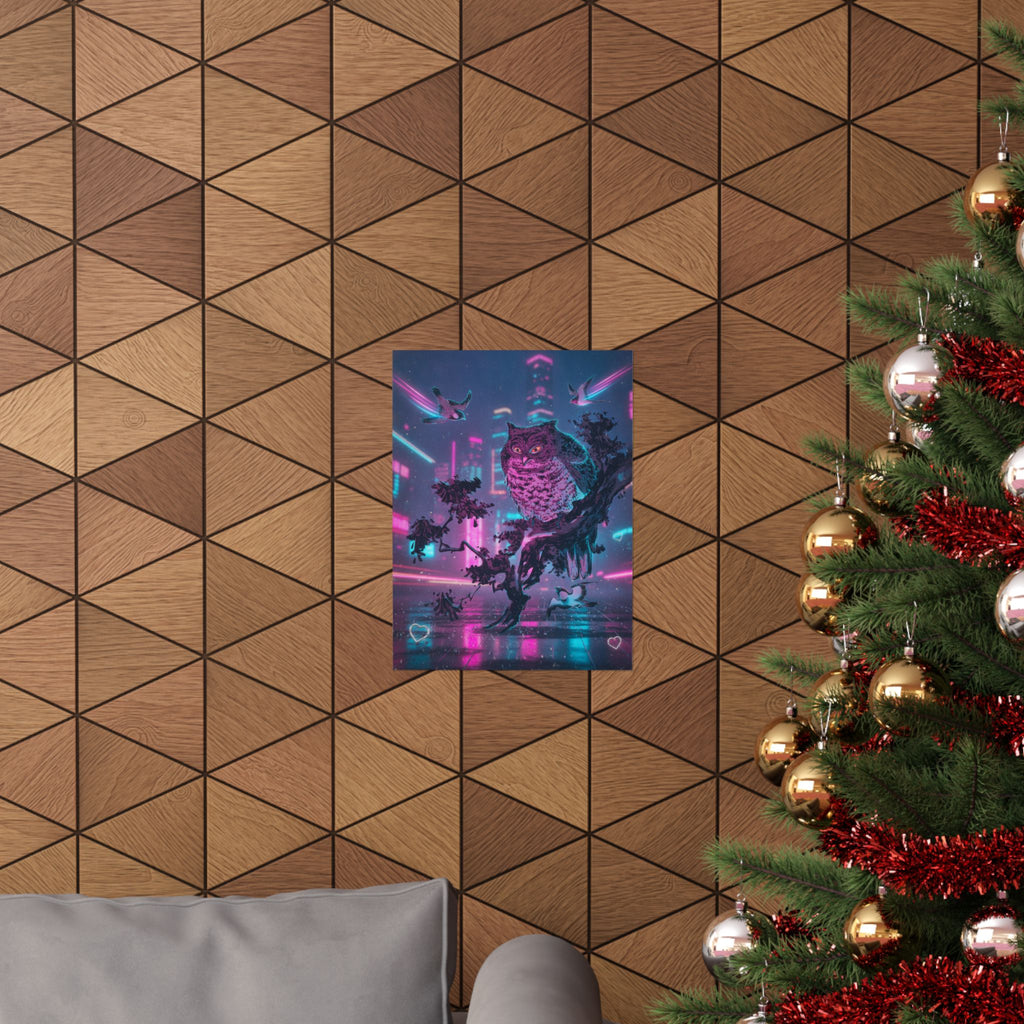 Neon Noir — Owl And Two Swallows — Matte Poster