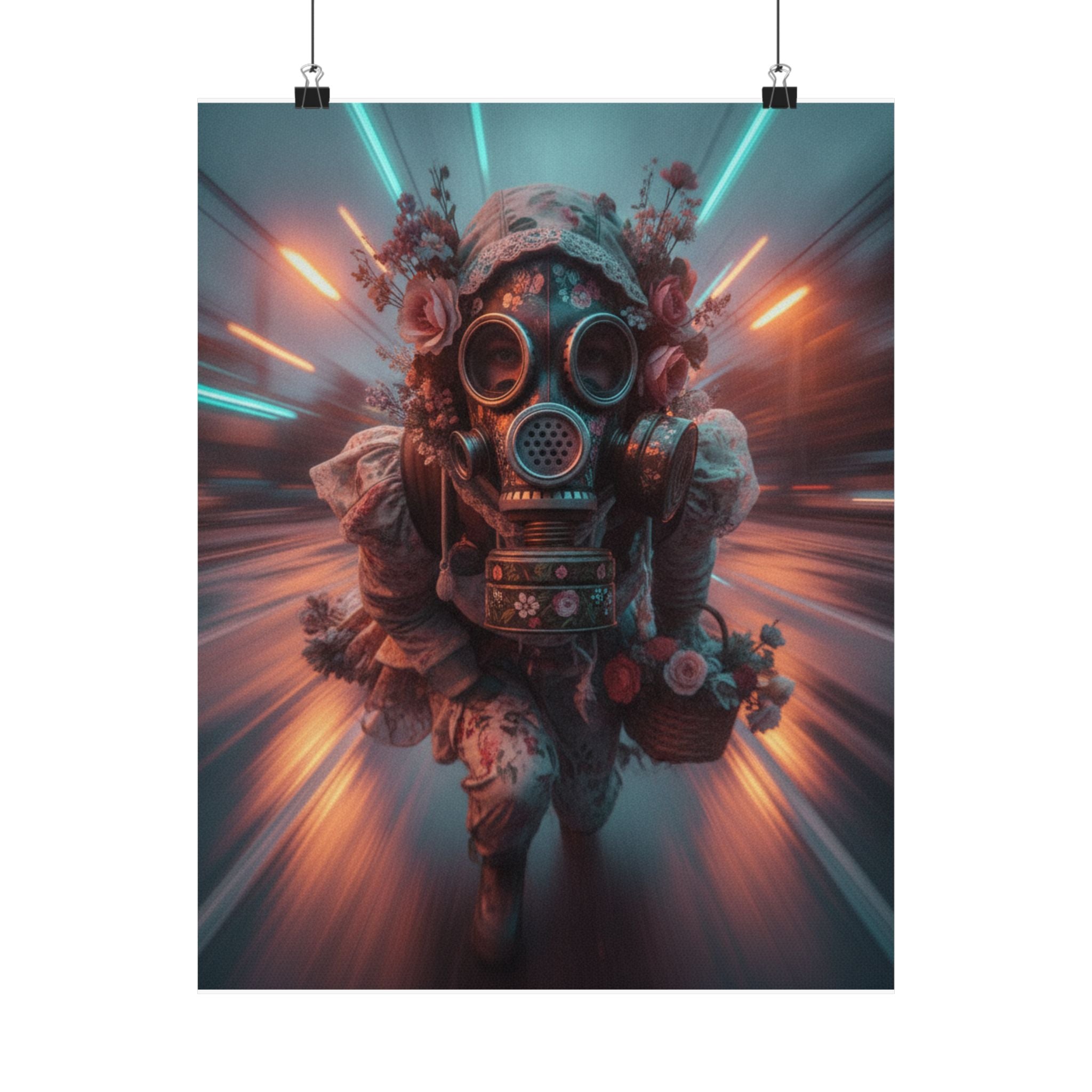 Neon Tunnel Rose Gas Mask Post-Apocalyptic Poster