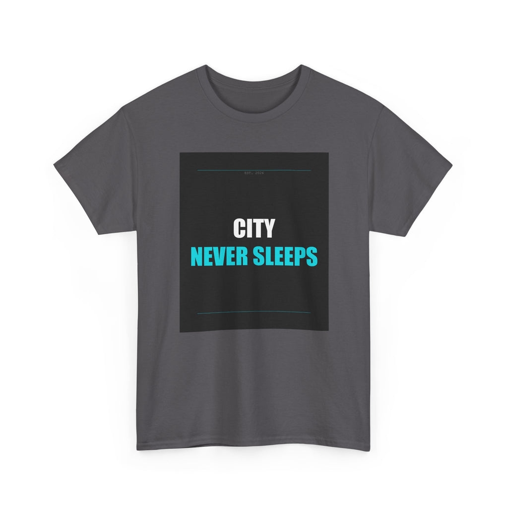 CITY NEVER SLEEPS Cyan Type on Charcoal Graphic Tee