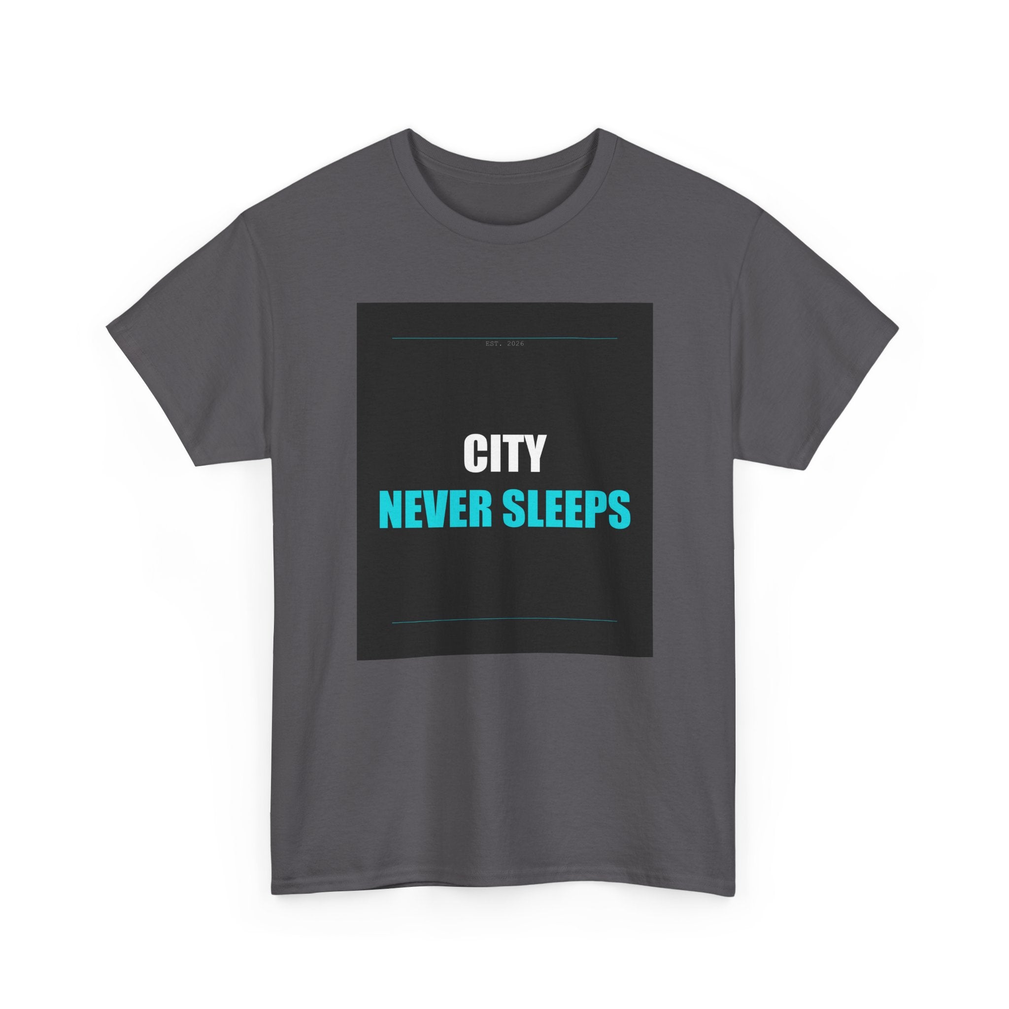 CITY NEVER SLEEPS Cyan Type on Charcoal Graphic Tee