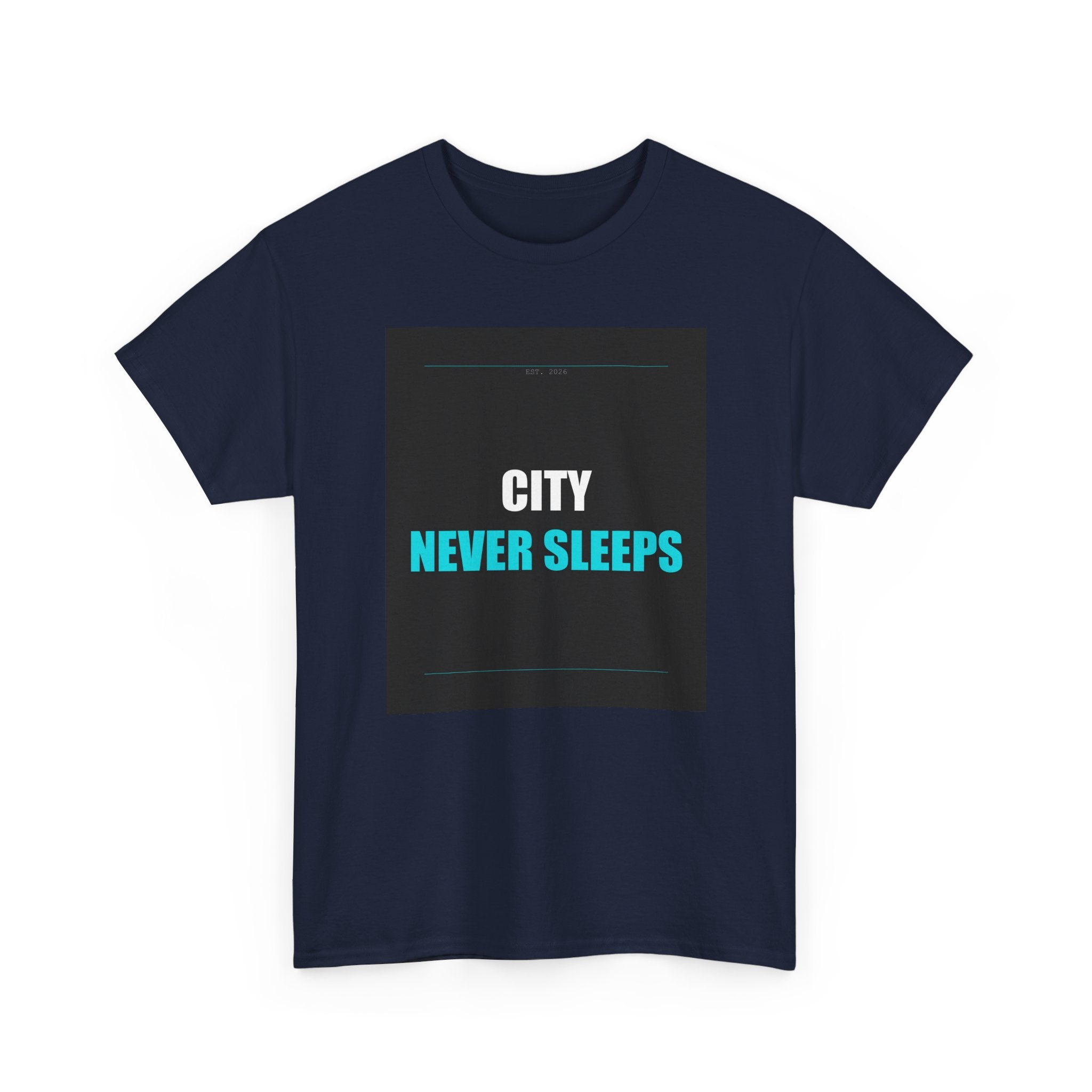CITY NEVER SLEEPS Cyan Type on Charcoal Graphic Tee