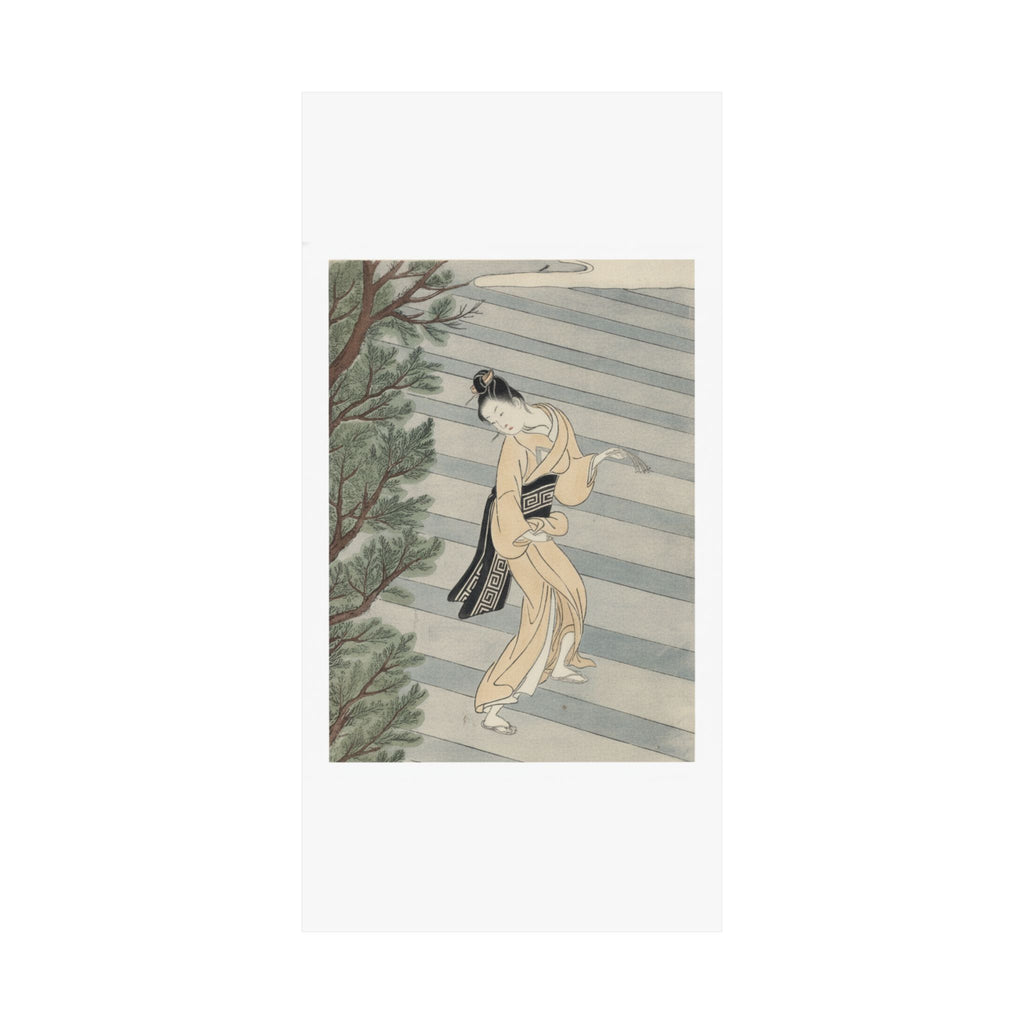 Watercolor — Young Woman Climbing Stone Stairs To A Shinto Temple — Matte Poster