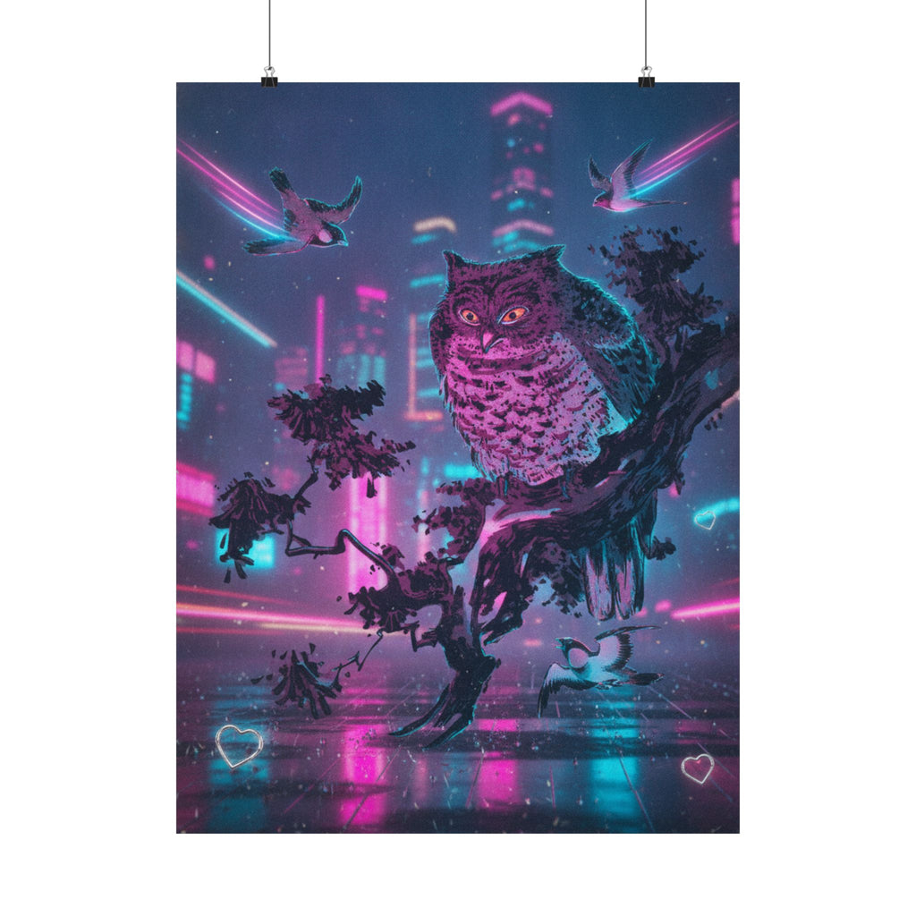 Neon Noir — Owl And Two Swallows — Matte Poster