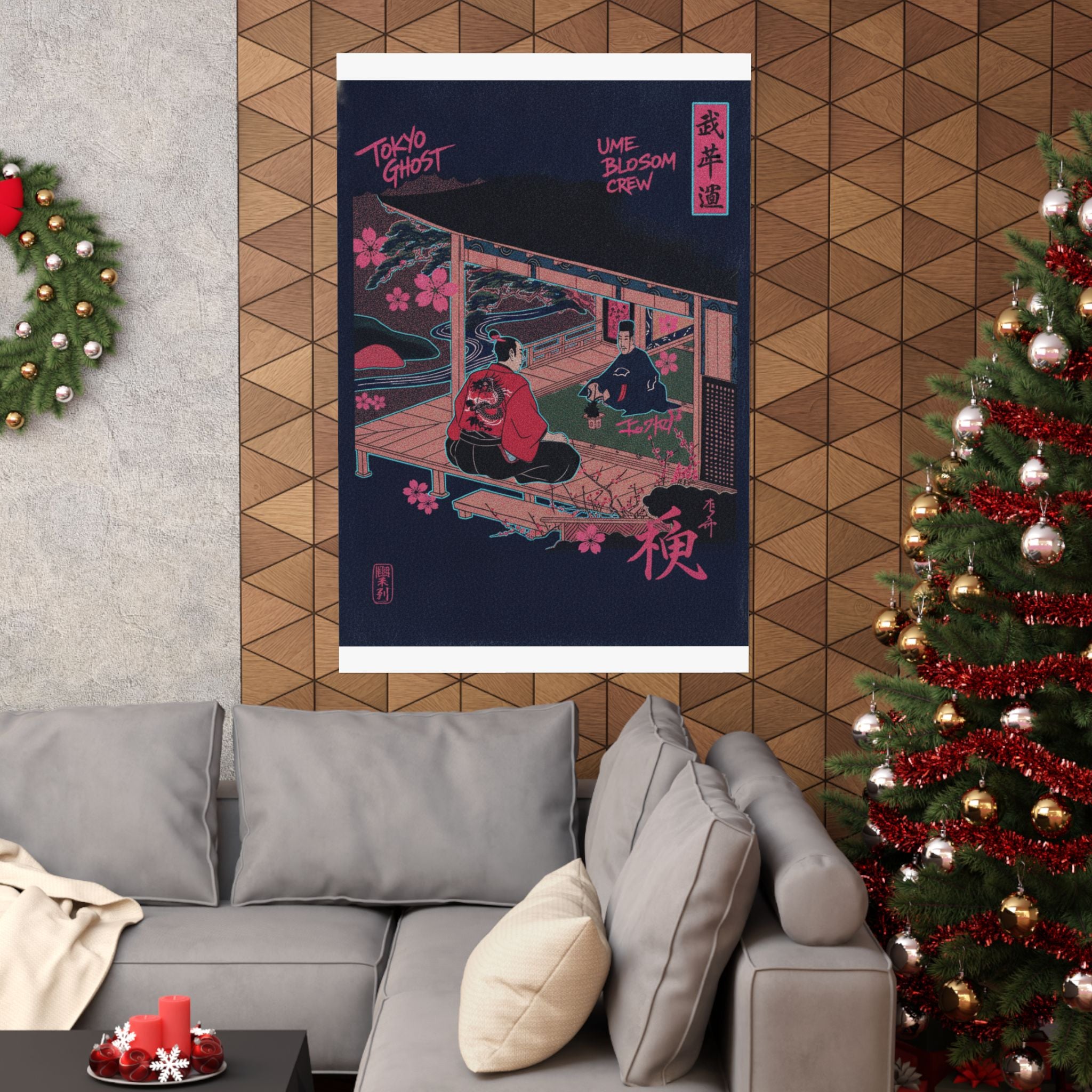 Japanese Street — Samurai Admiring Pine-Tree And Plum Blossoms — Matte Poster