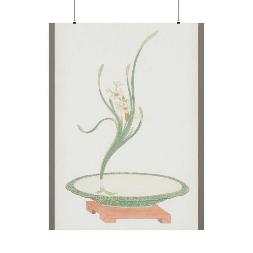 Watercolor — Flower Arrangement Of Suisen (Narcissus) In A Flat Green Dish — Matte Poster