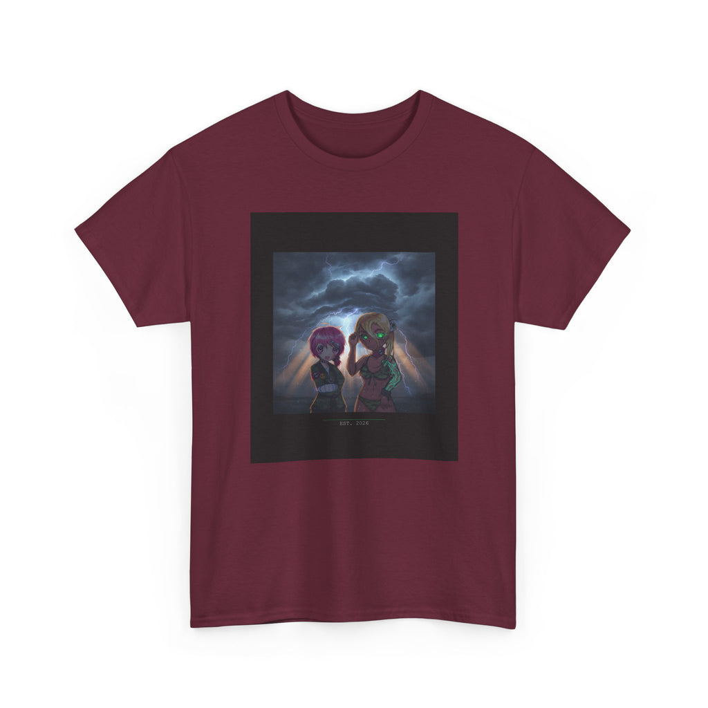 Anime Girls Under Lightning Storm Sky Graphic Tee