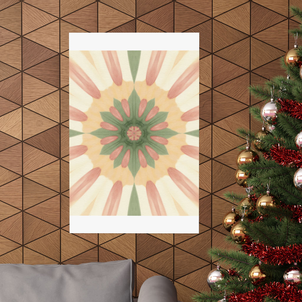 Peach and Sage Floral Kaleidoscope Mandala Poster
