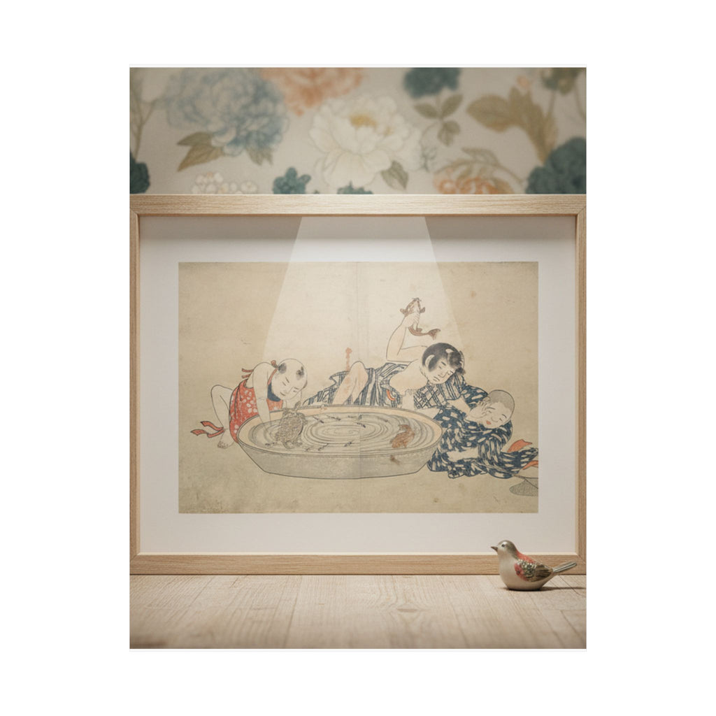 Product Marketing — Boys Playing With A Basin Of Fish And Turtles — Matte Poster