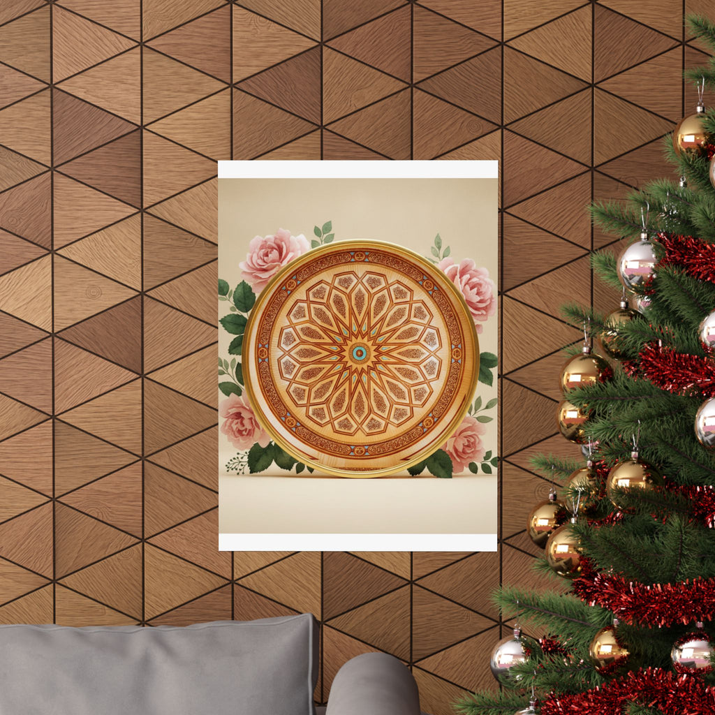 Gilded Moroccan Medallion and Pink Roses Art Poster