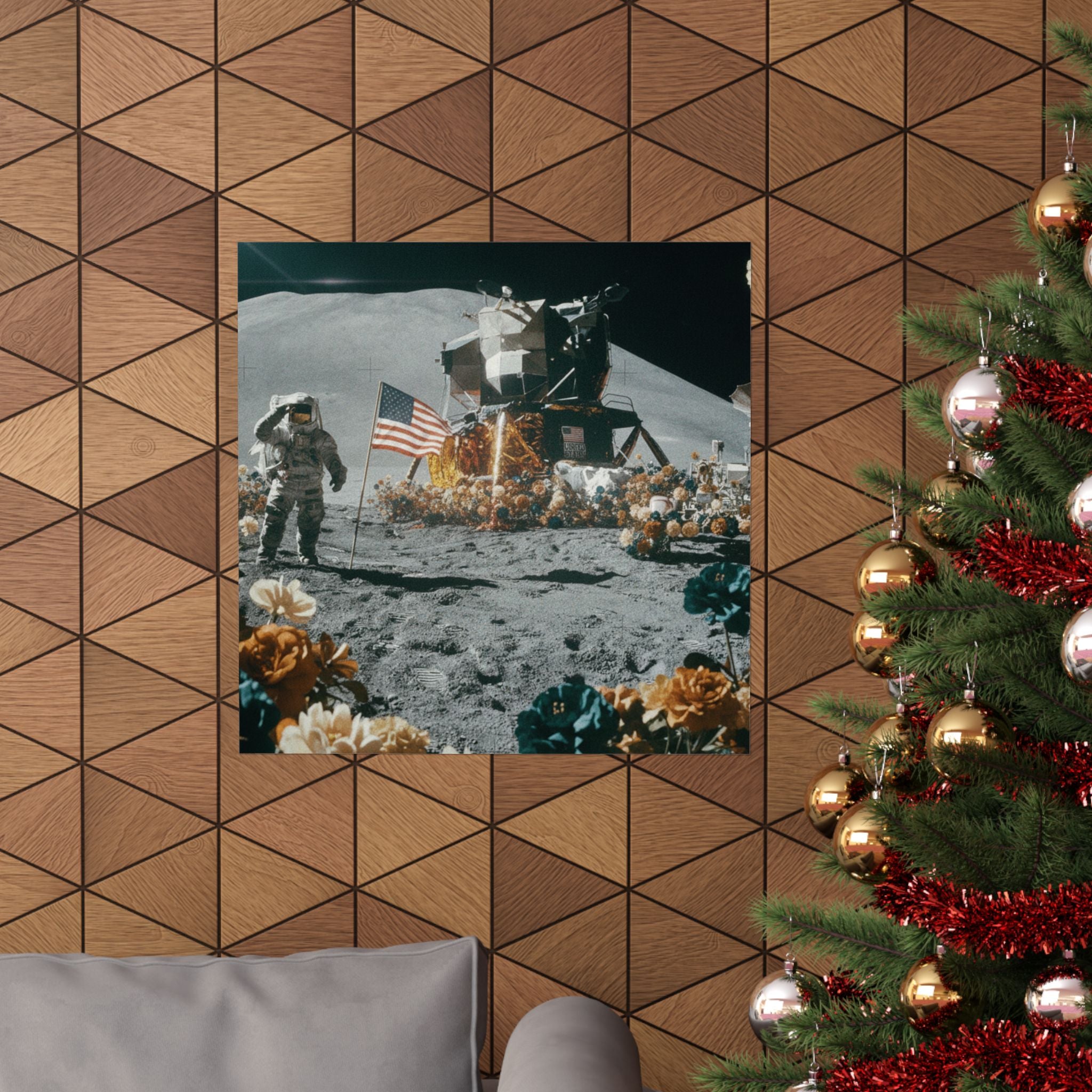Astronaut Moon Landing in Bloom Surreal Space Poster