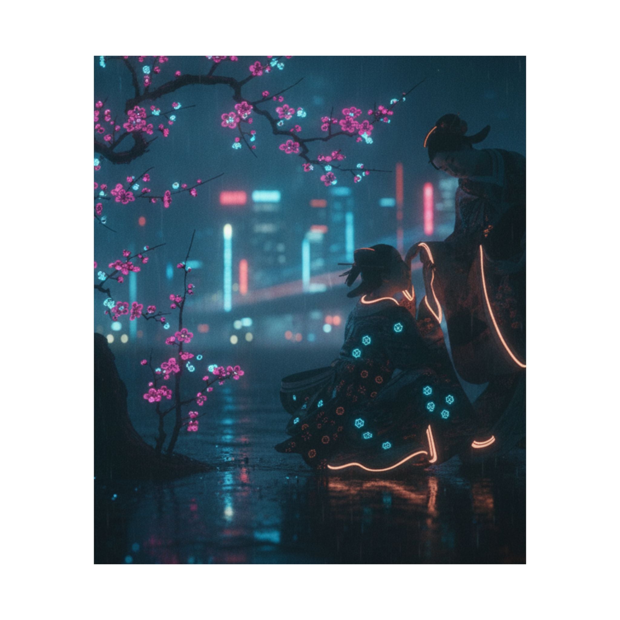 Neon Noir — Two Girls Under Plum Tree — Matte Poster