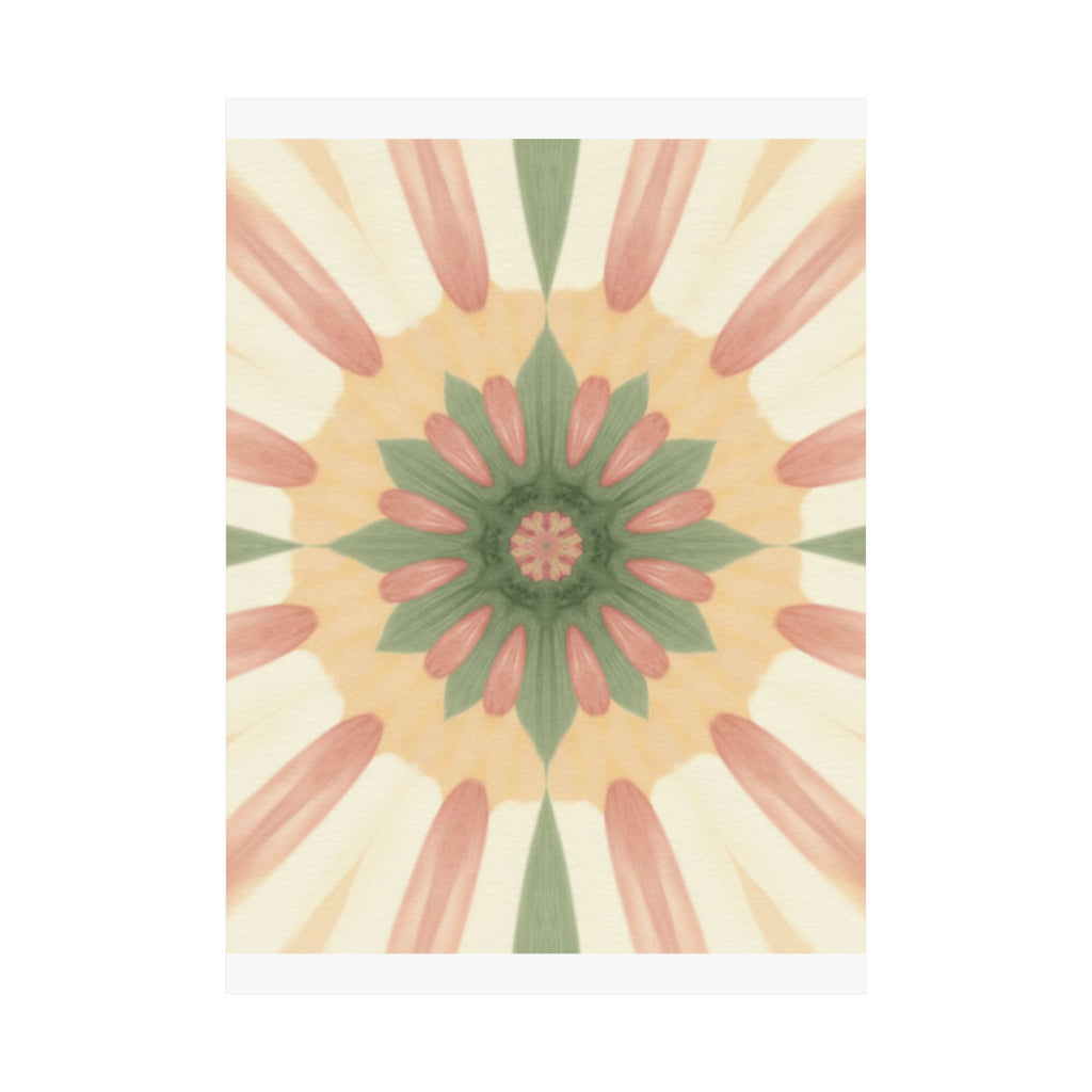 Peach and Sage Floral Kaleidoscope Mandala Poster