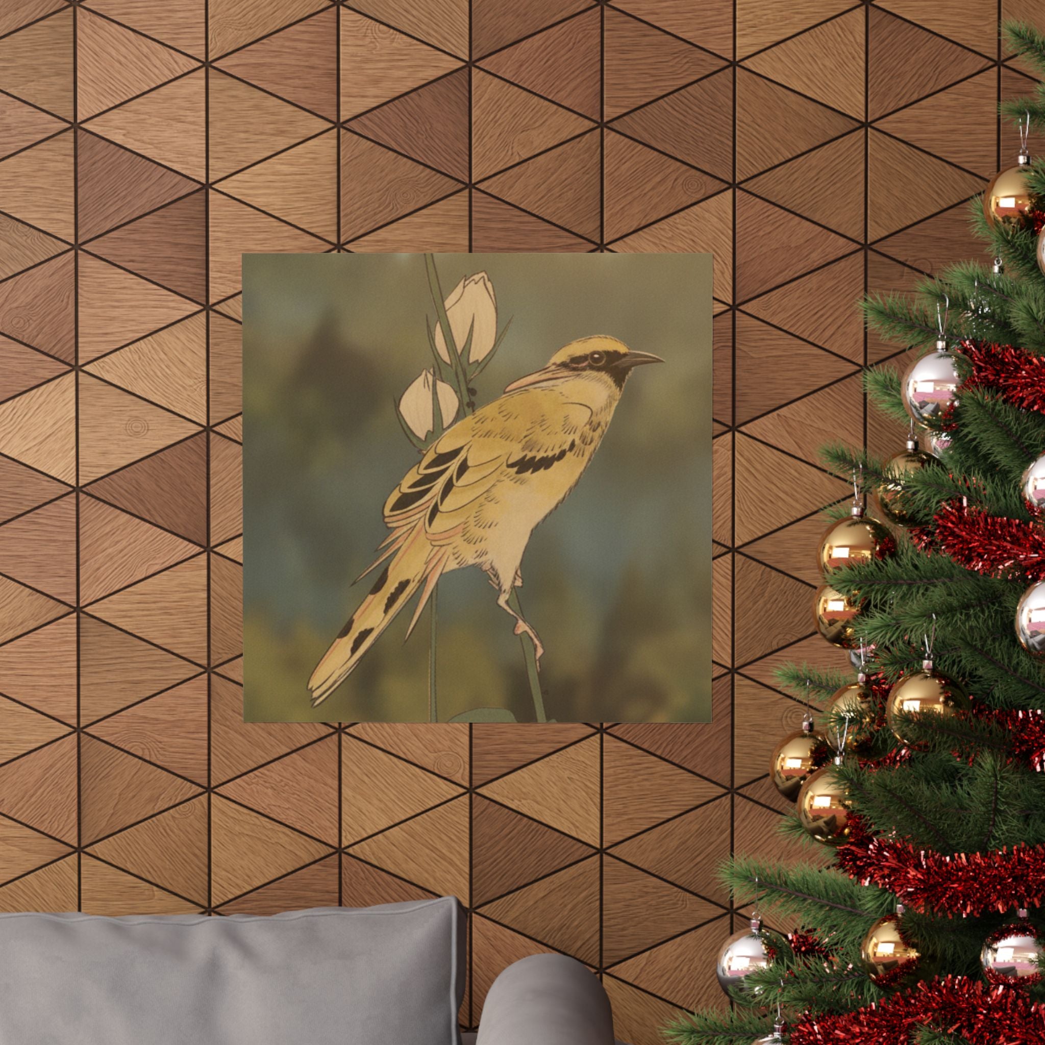Scenic Nature — Black-Naped Oriole Perched On A Stem Of Rose Mallow — Matte Poster