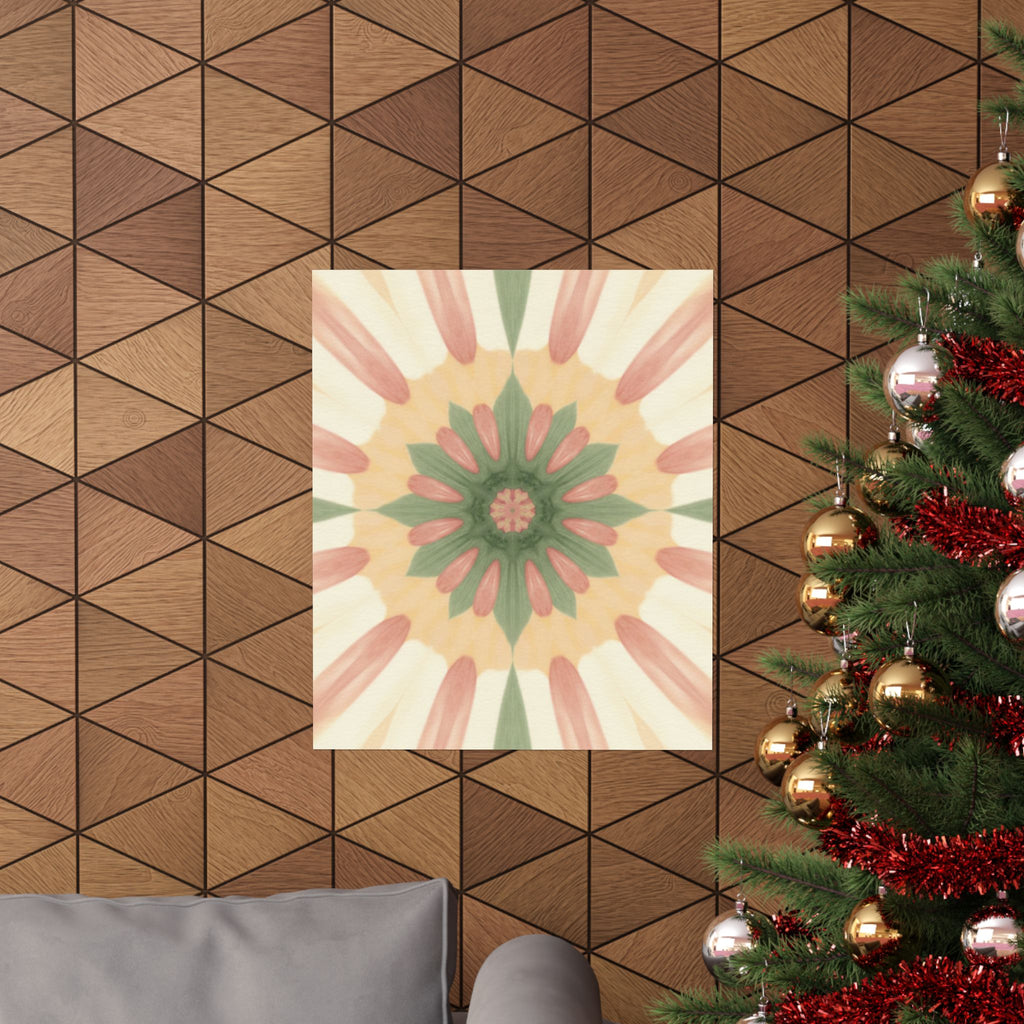 Peach and Sage Floral Kaleidoscope Mandala Poster