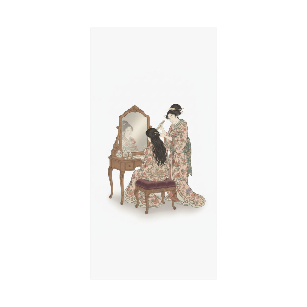 Ecommerce Main — A Woman At Her Toilet Seated Before A Mirror, Having Her Hair Combed By A Kameyu — Matte Poster