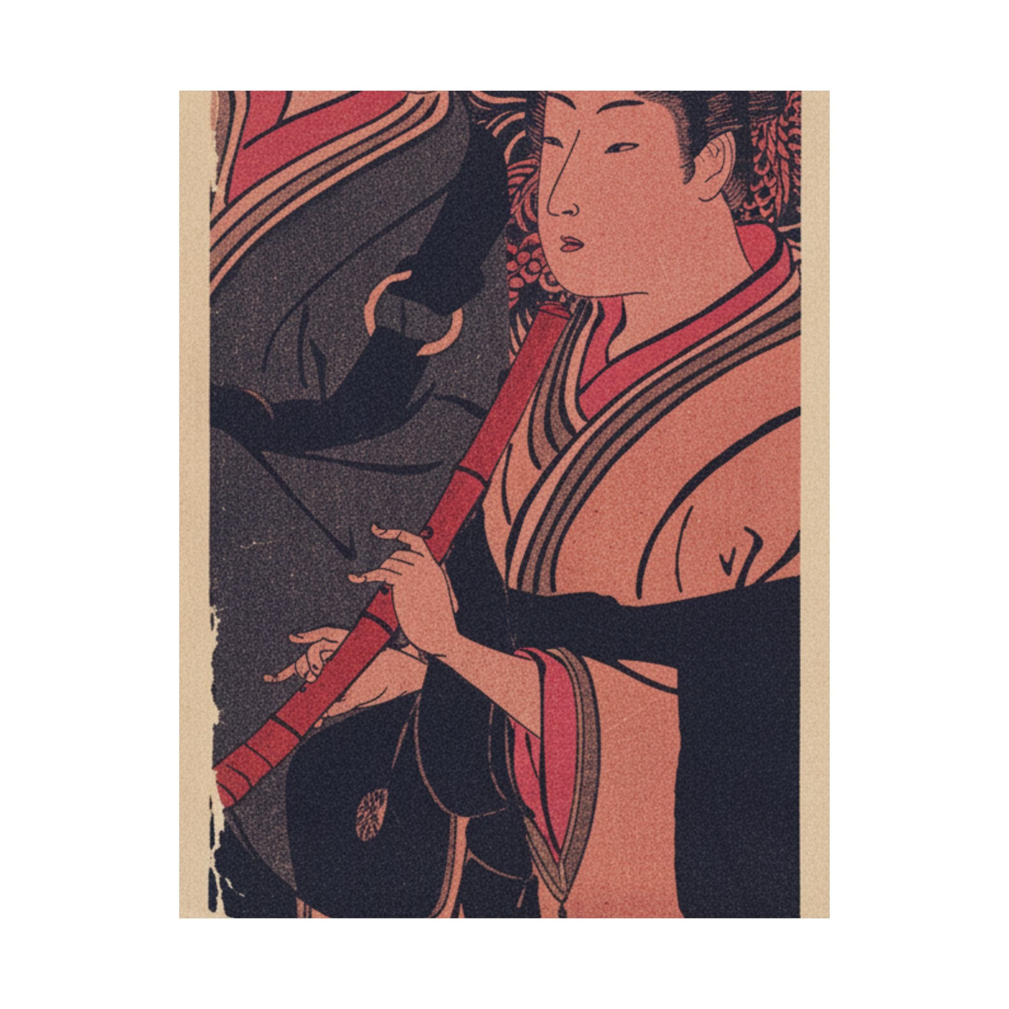 Japanese Street — Two Men, One Playing A Flute — Matte Poster