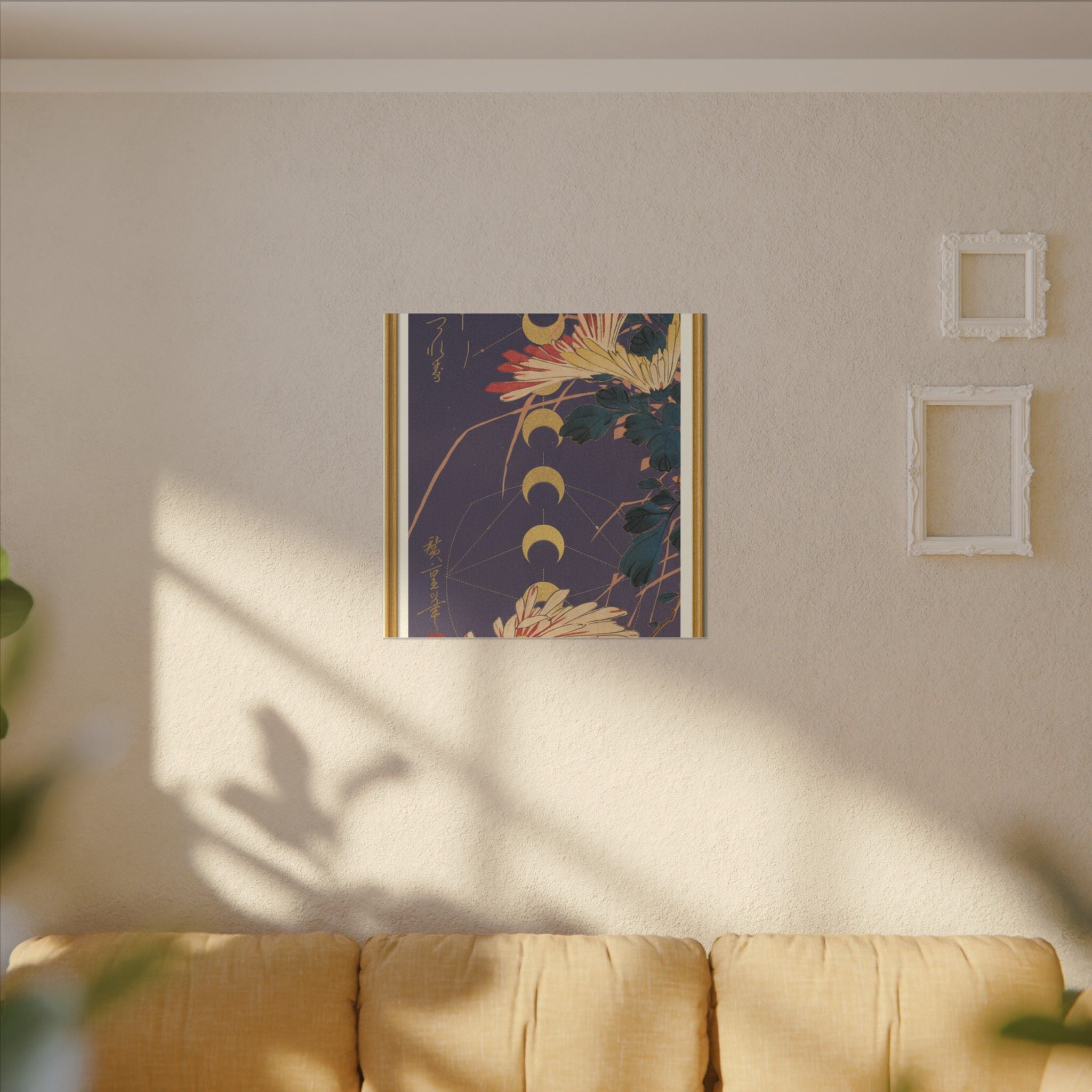 Chrysanthemum and Gold Moon Phases Woodblock Matte Canvas