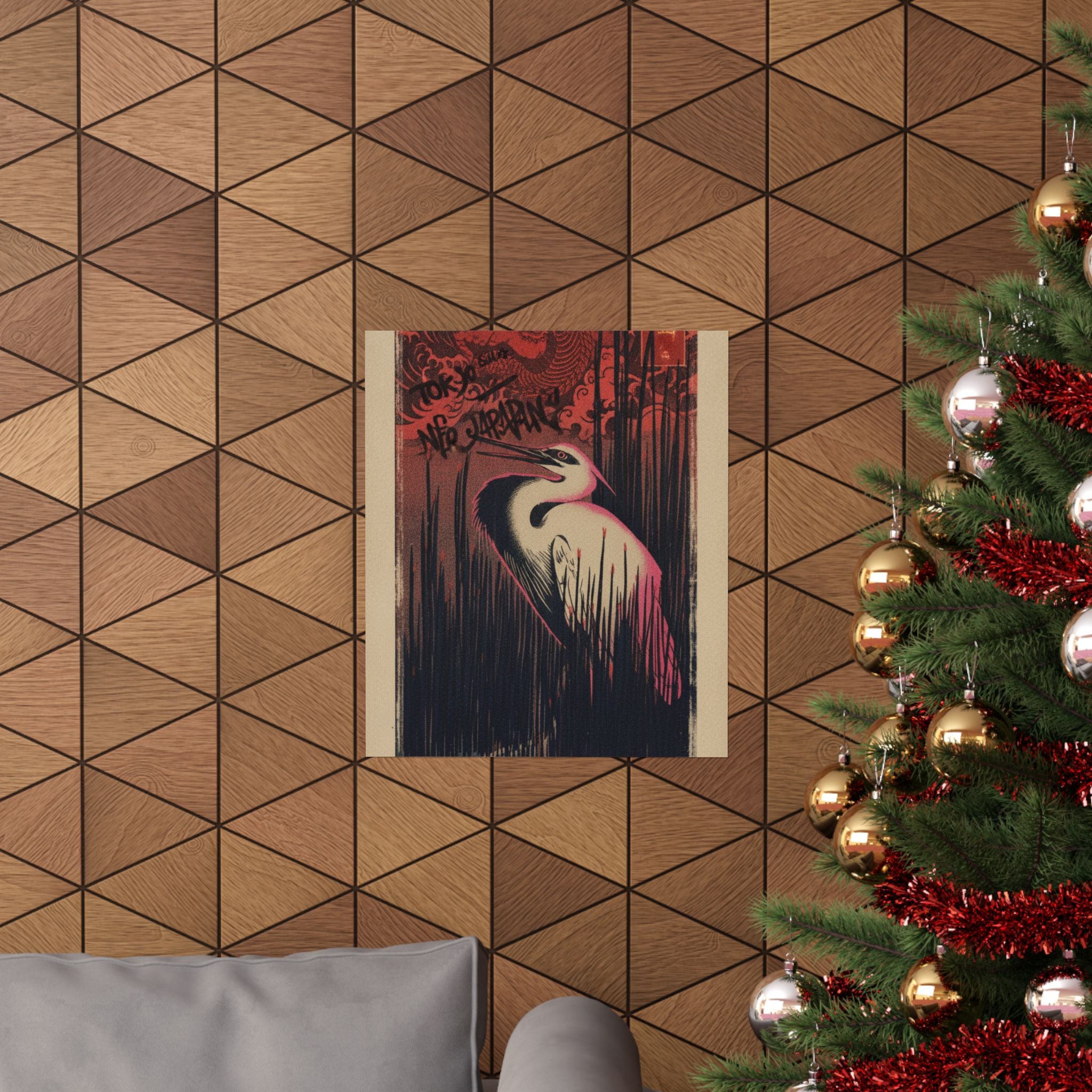 Japanese Street — White Heron Standing Among Reeds — Matte Poster
