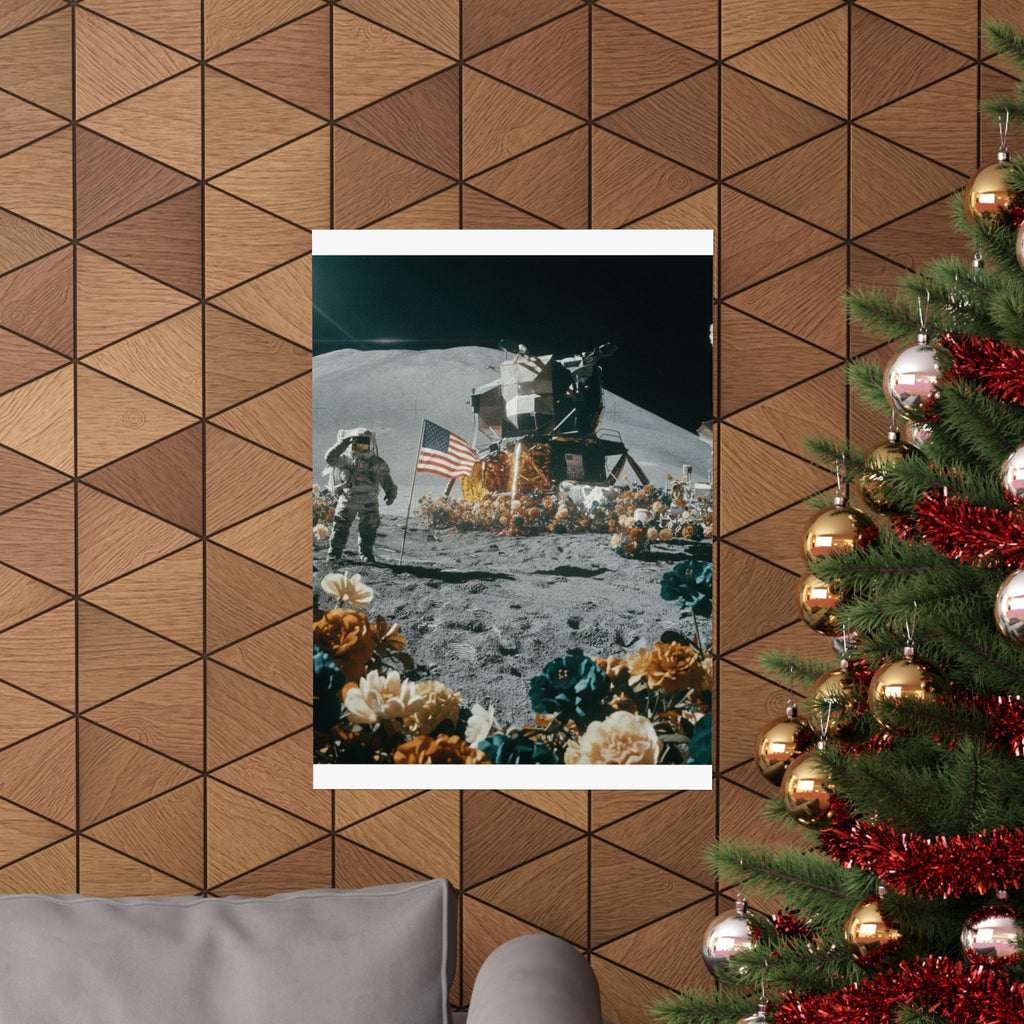Astronaut Moon Landing in Bloom Surreal Space Poster