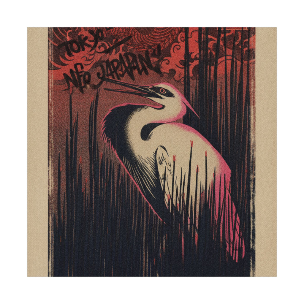 Japanese Street — White Heron Standing Among Reeds — Matte Poster
