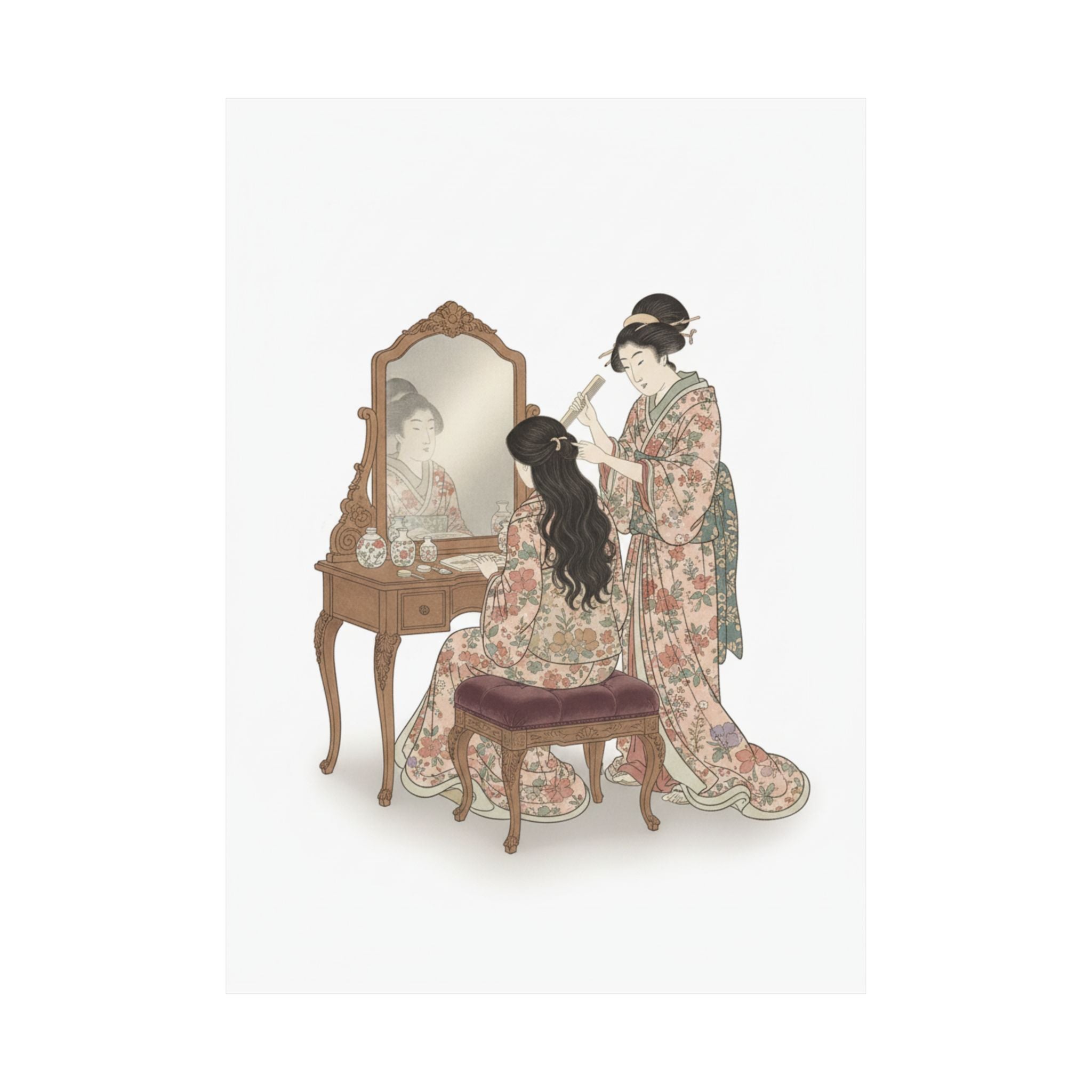 Ecommerce Main — A Woman At Her Toilet Seated Before A Mirror, Having Her Hair Combed By A Kameyu — Matte Poster