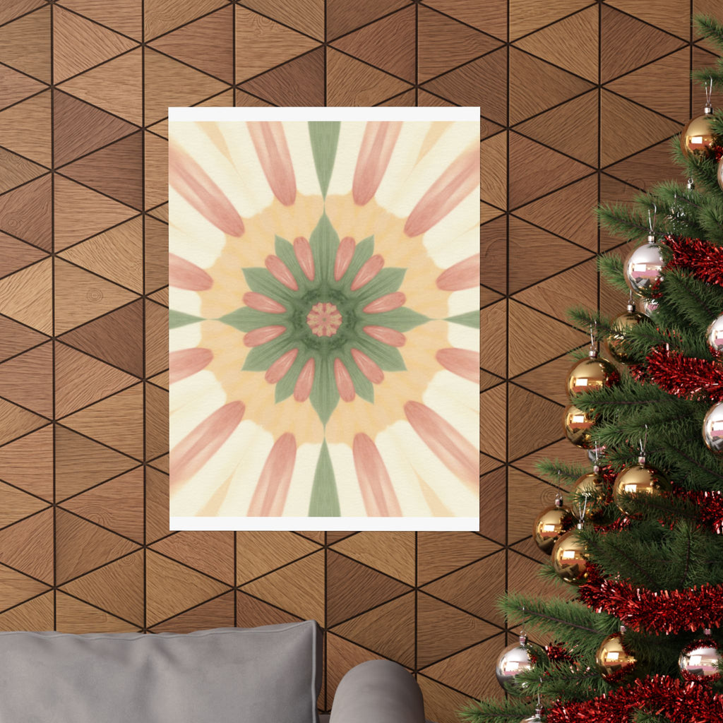 Peach and Sage Floral Kaleidoscope Mandala Poster