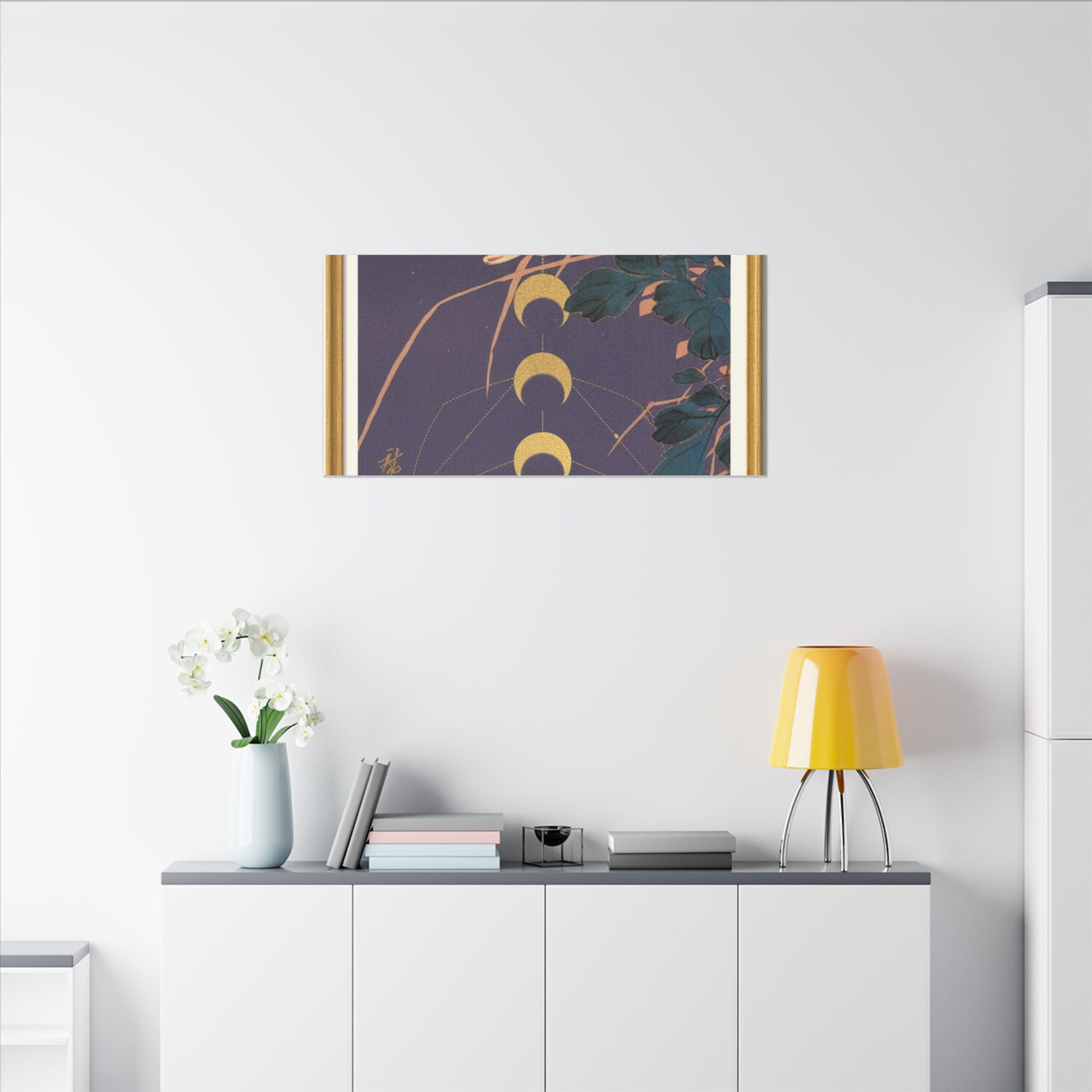 Chrysanthemum and Gold Moon Phases Woodblock Matte Canvas