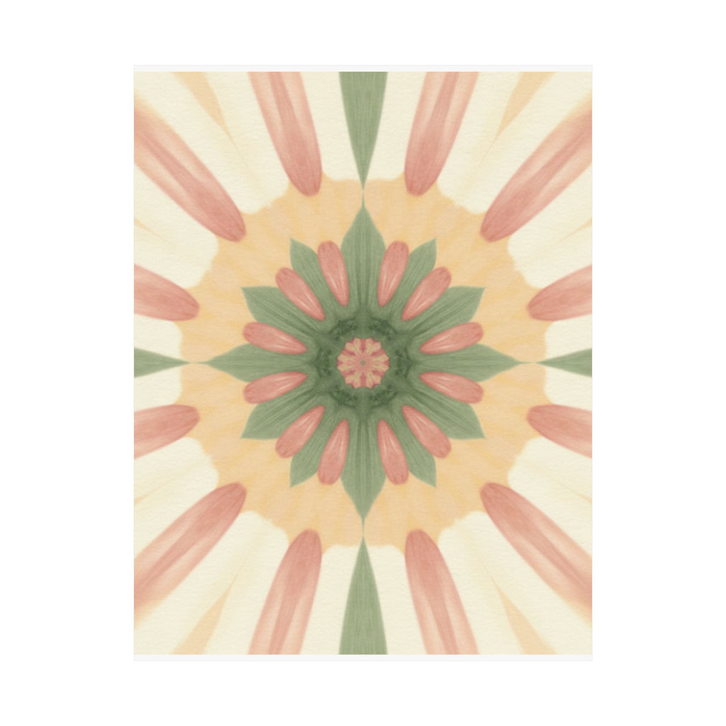 Peach and Sage Floral Kaleidoscope Mandala Poster