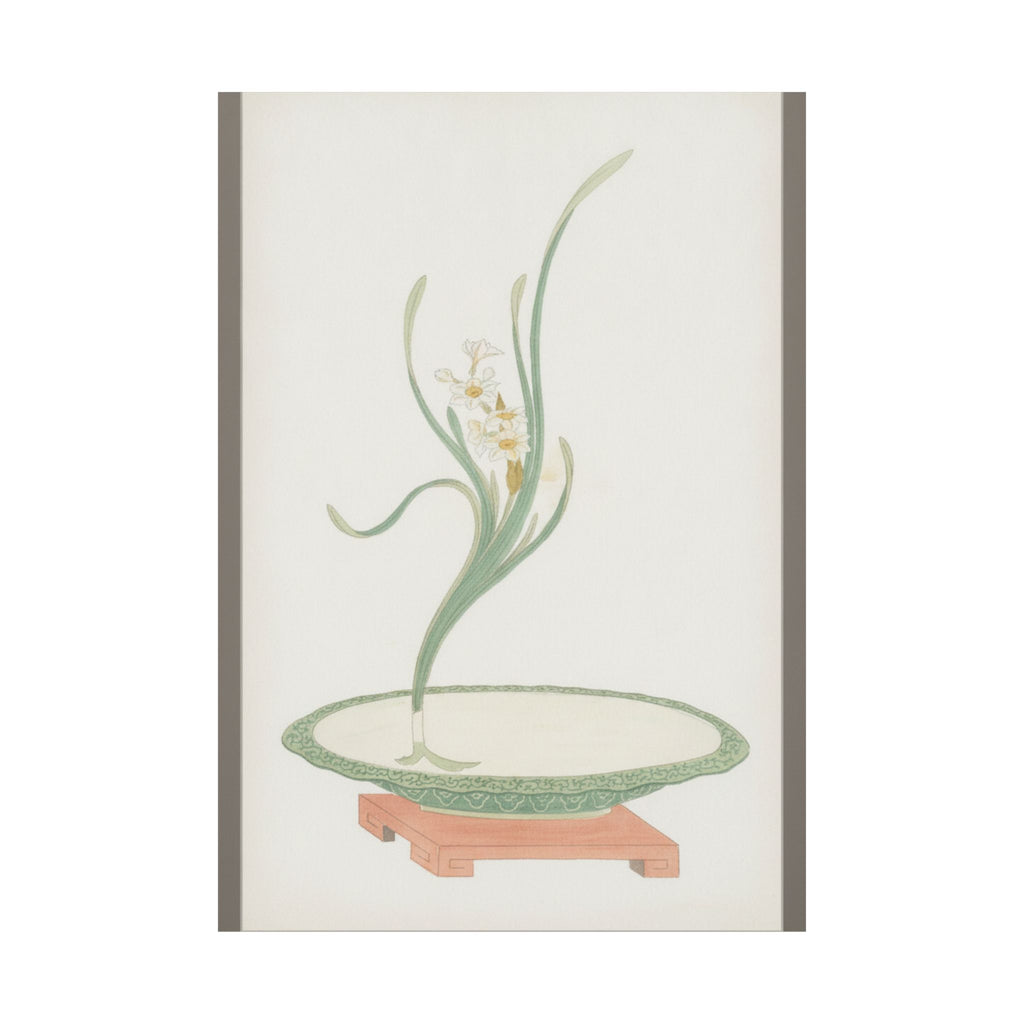 Watercolor — Flower Arrangement Of Suisen (Narcissus) In A Flat Green Dish — Matte Poster
