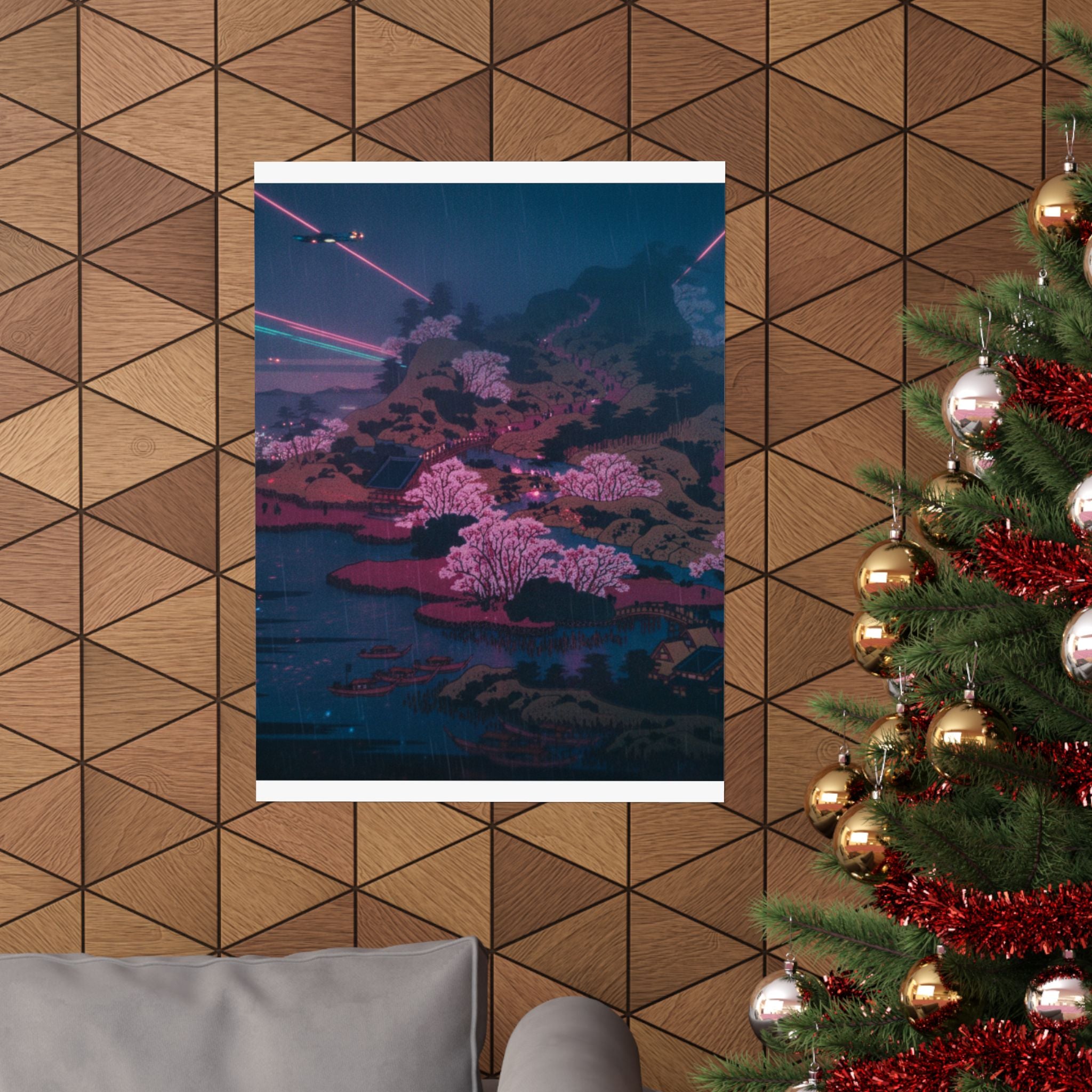 Neon Noir — Tenpōzan At The Mouth Of The Aji River In Settsu Province (Sesshū Ajikawaguchi T — Matte Poster