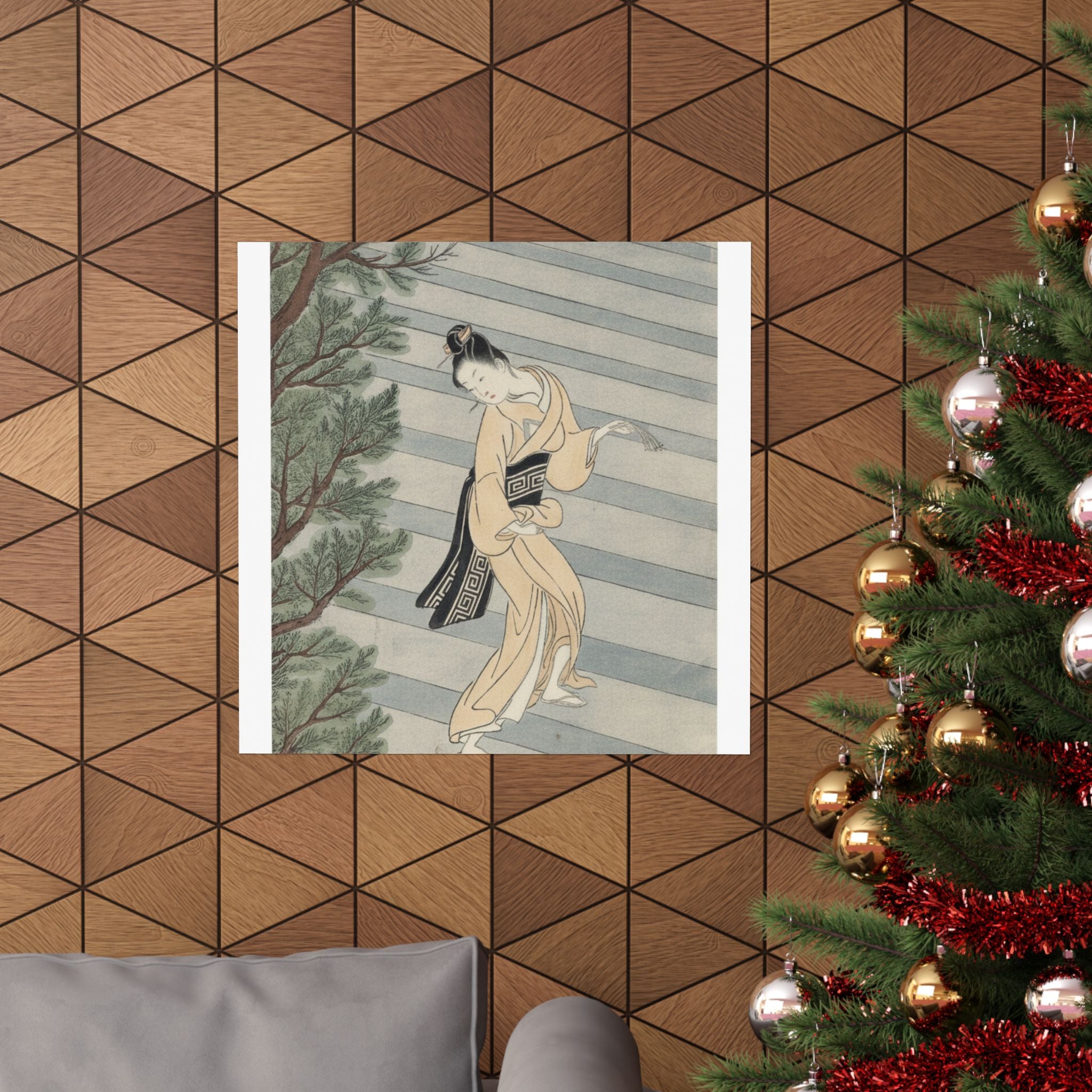 Watercolor — Young Woman Climbing Stone Stairs To A Shinto Temple — Matte Poster
