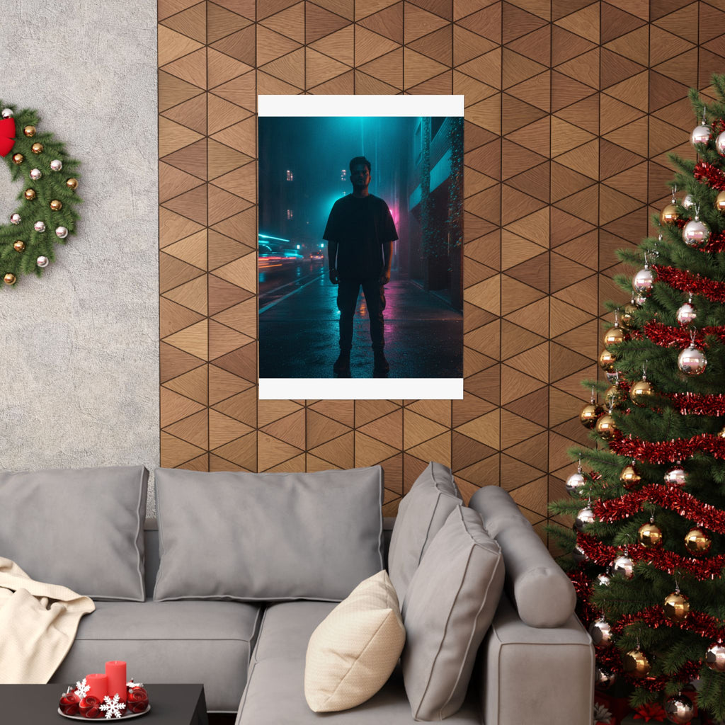 Rainy Neon City Street Silhouette Teal Pink Matte Poster