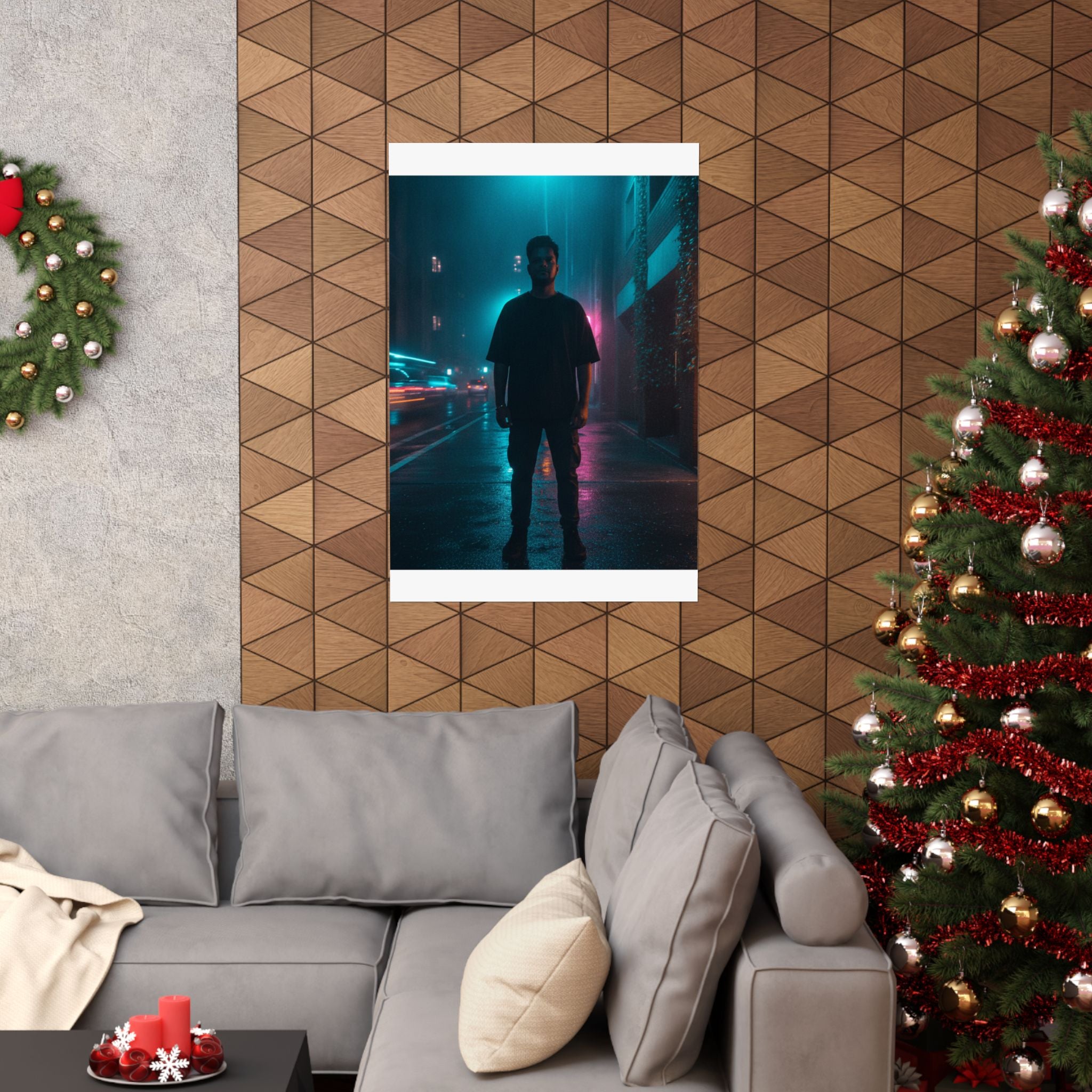 Rainy Neon City Street Silhouette Teal Pink Matte Poster