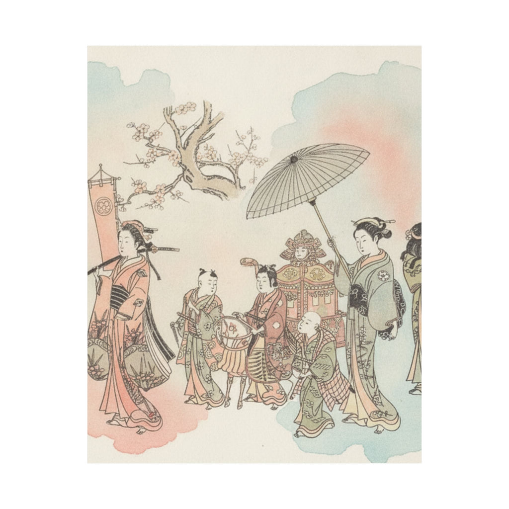 Watercolor — Children Play-Acting A Daimyo Procession — Matte Poster
