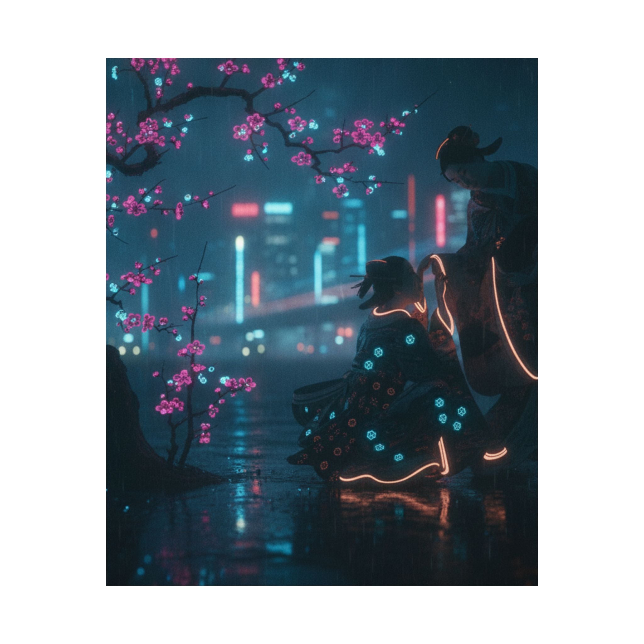Neon Noir — Two Girls Under Plum Tree — Matte Poster
