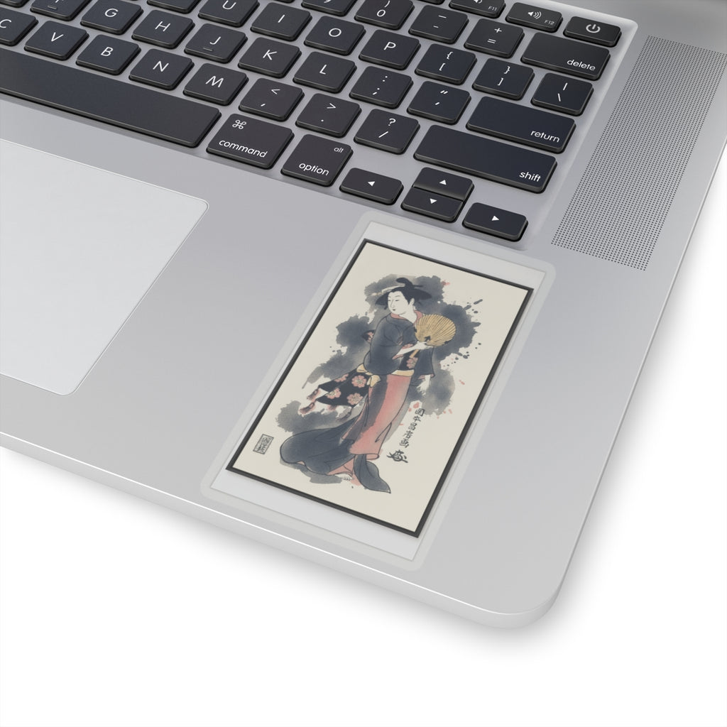 Watercolor — Girl With Fan — Kiss-Cut Sticker
