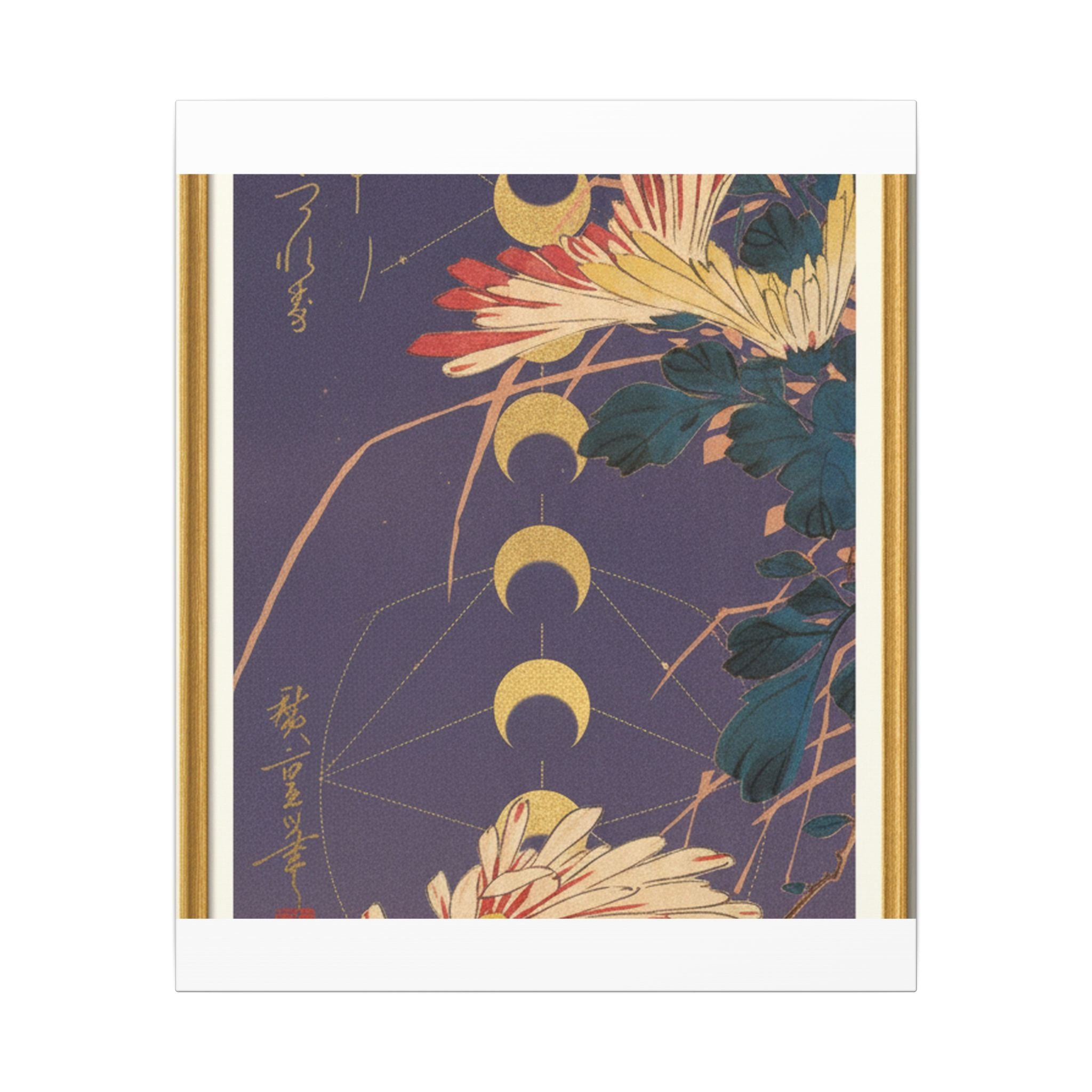 Chrysanthemum and Gold Moon Phases Woodblock Matte Canvas