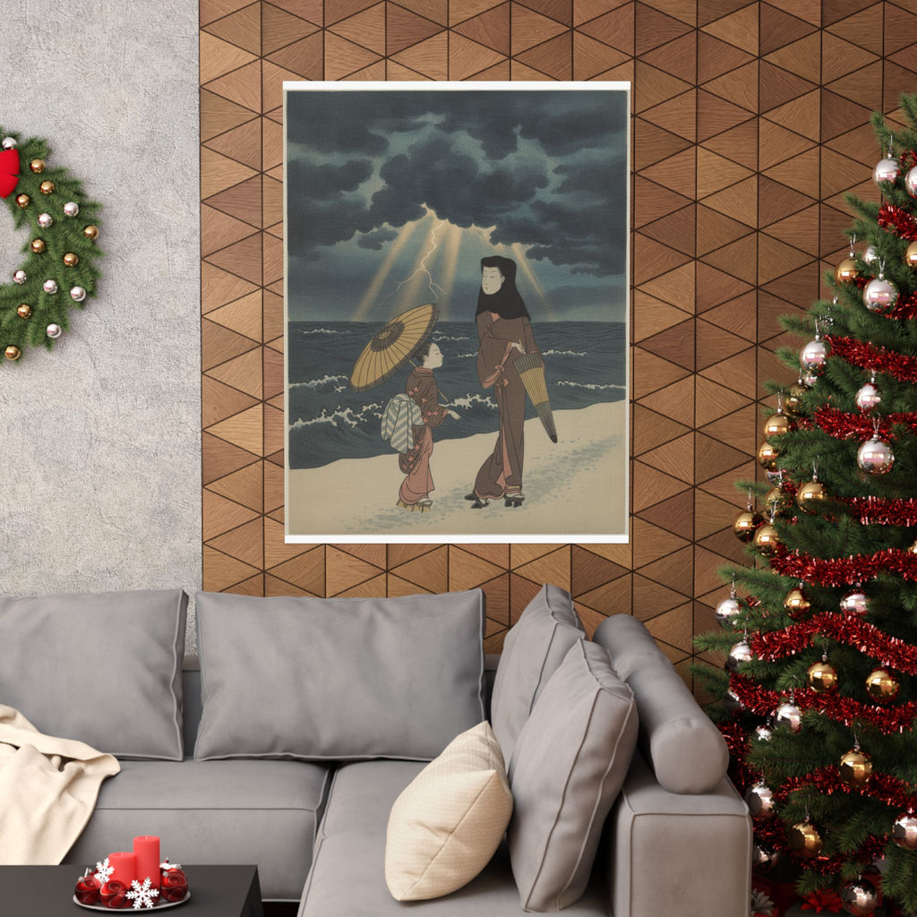 Dramatic Storm — Lady With Black Hood And Umbrella Out Walking With Young Attendant — Matte Poster