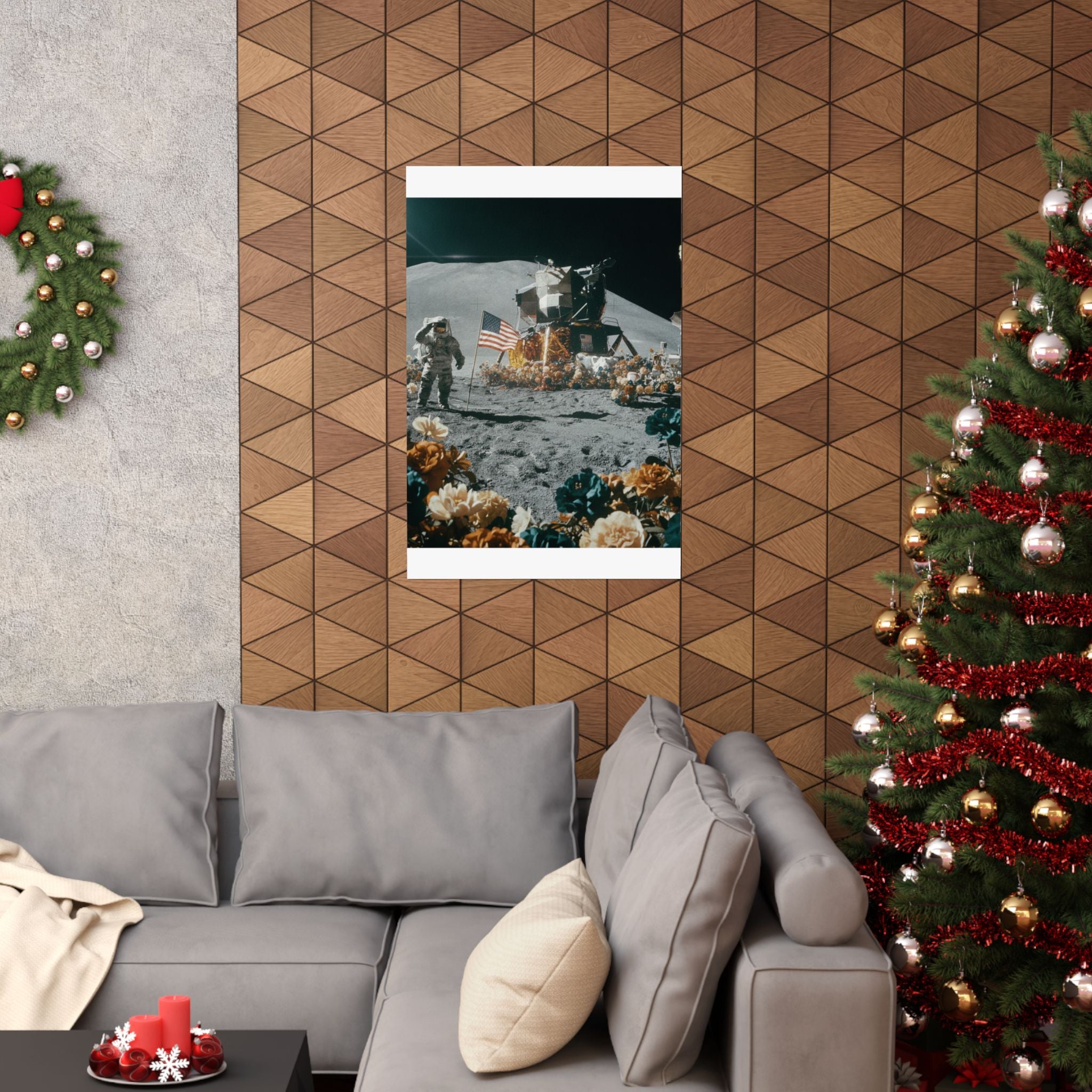 Astronaut Moon Landing in Bloom Surreal Space Poster