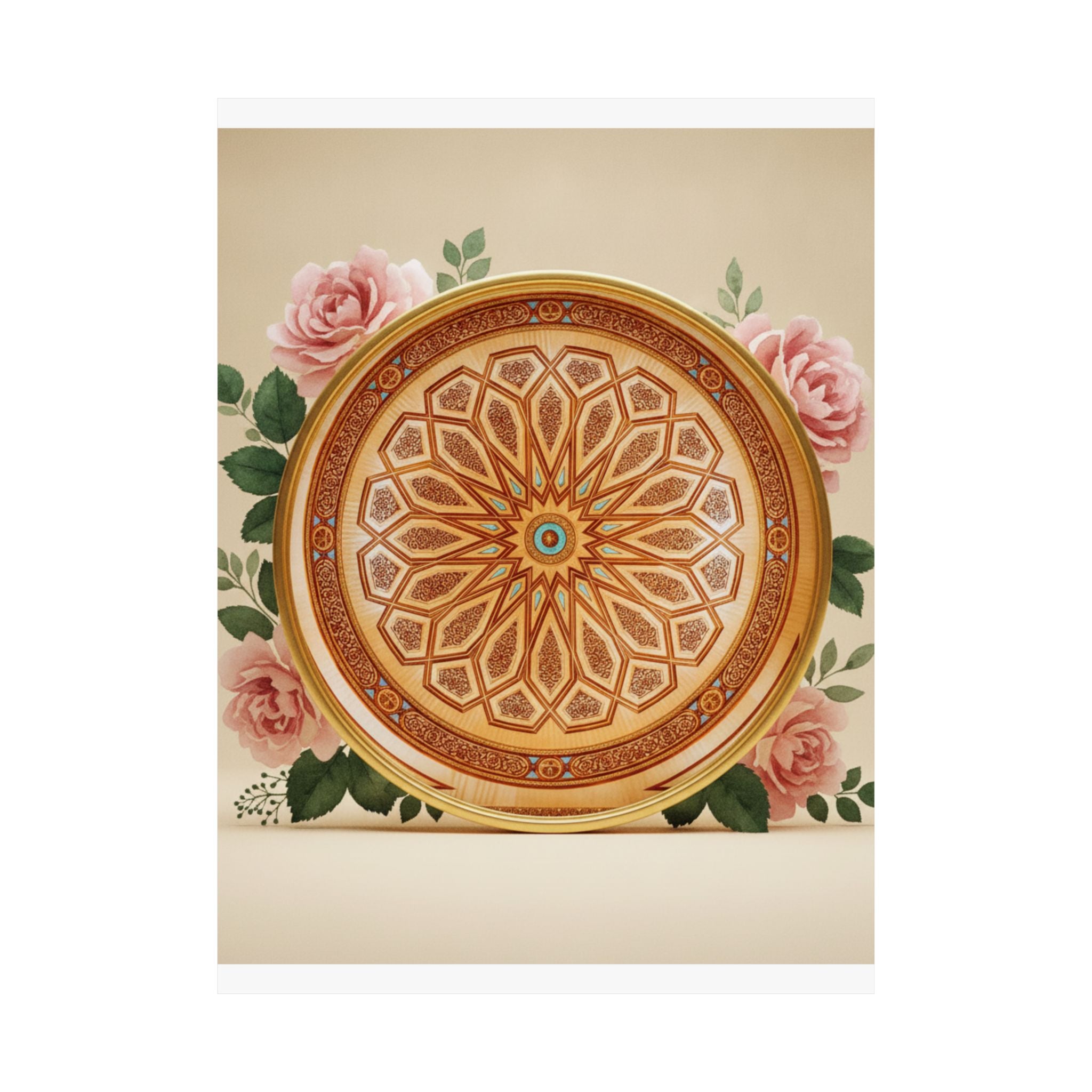 Gilded Moroccan Medallion and Pink Roses Art Poster