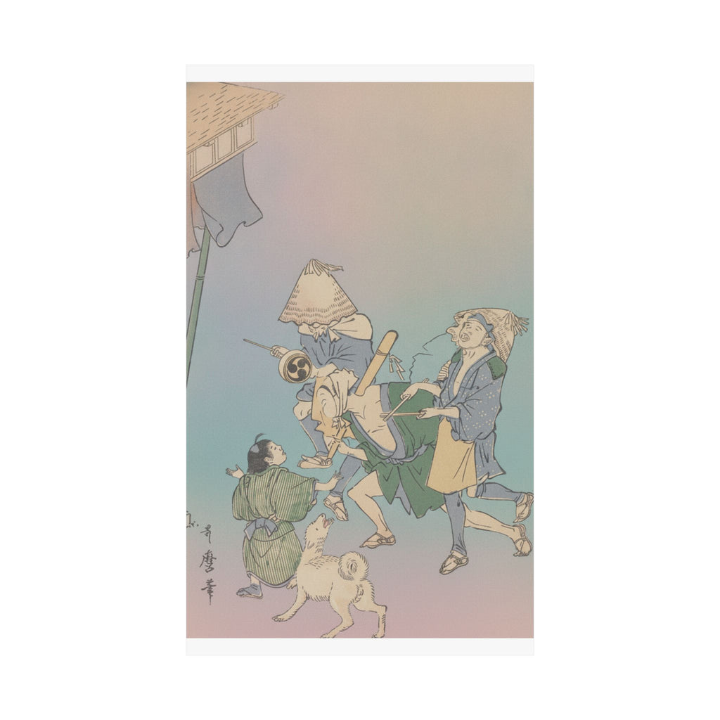 Affirmation — Three Revelers Of The Lower Classes, Wearing Komuso Hats, With Small Boy And Dog — Matte Poster