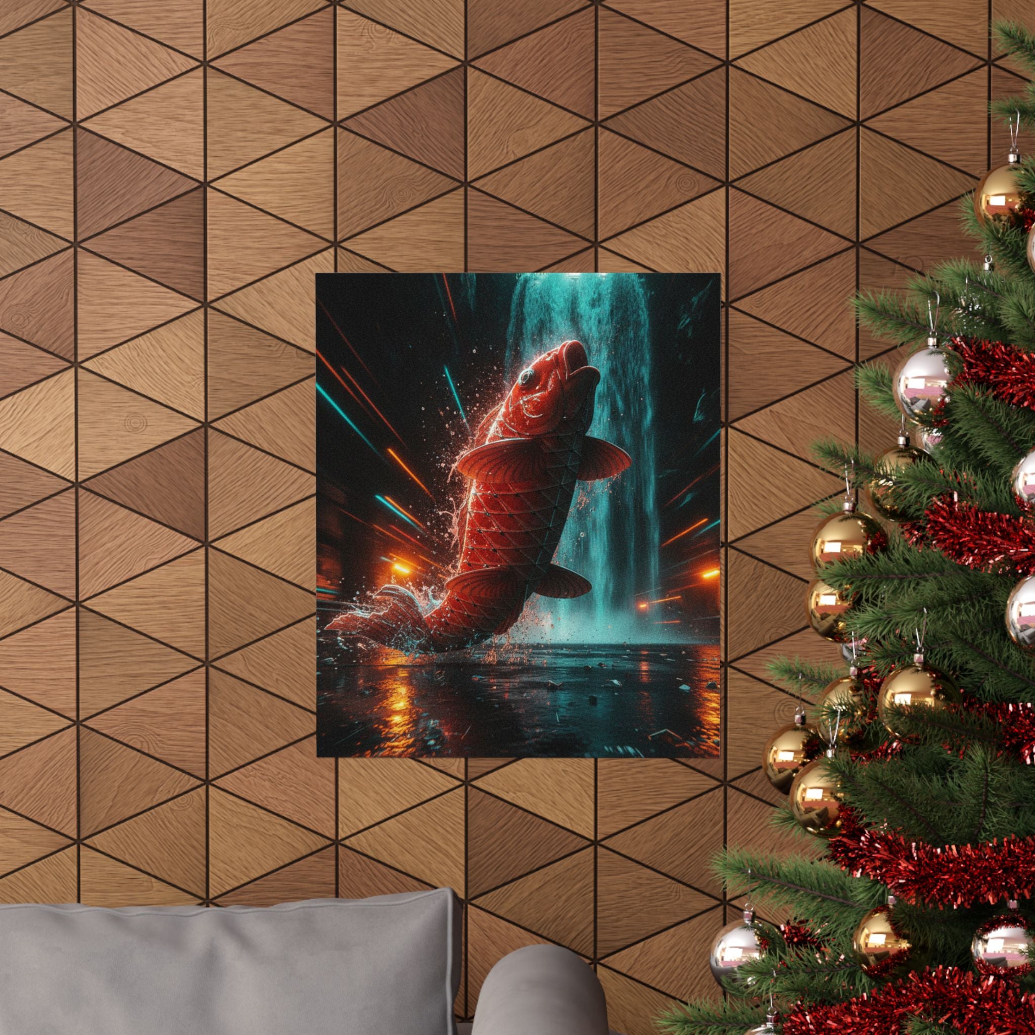 Fast Furious — Red Carp Ascending A Waterfall — Matte Poster