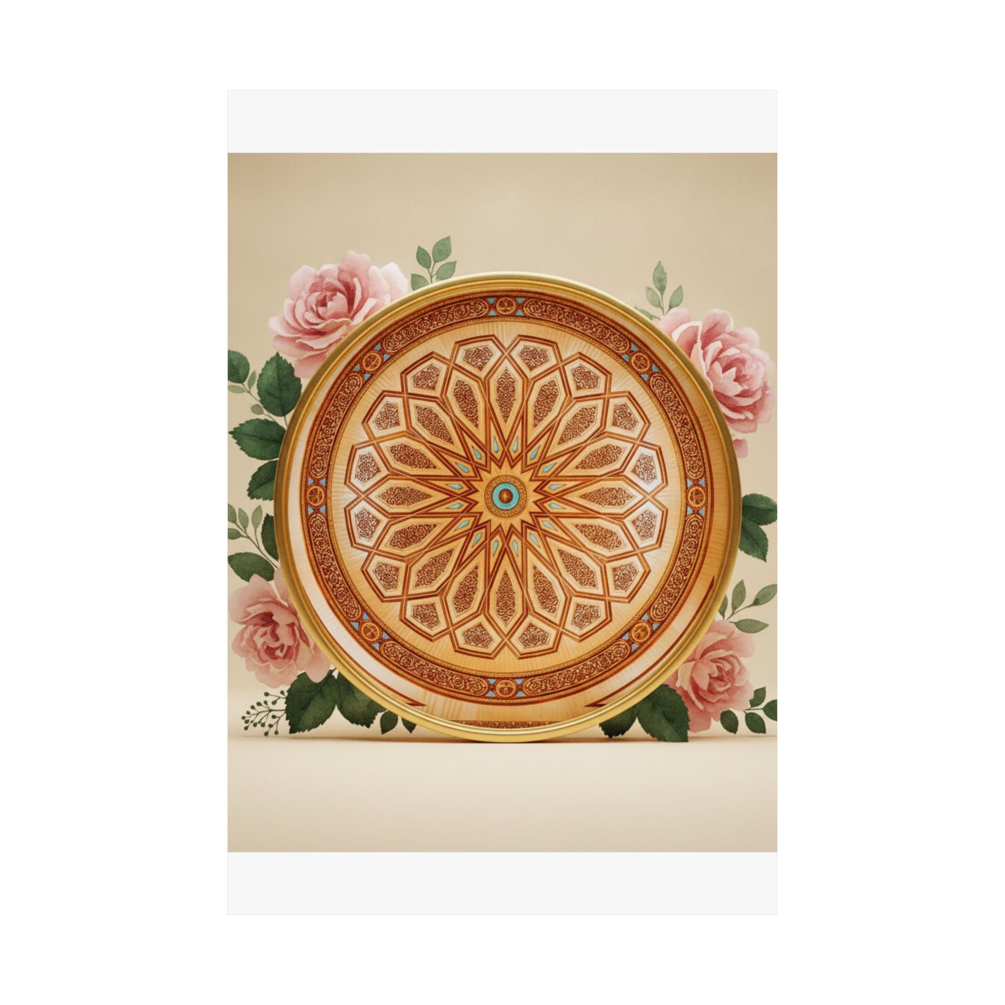 Gilded Moroccan Medallion and Pink Roses Art Poster